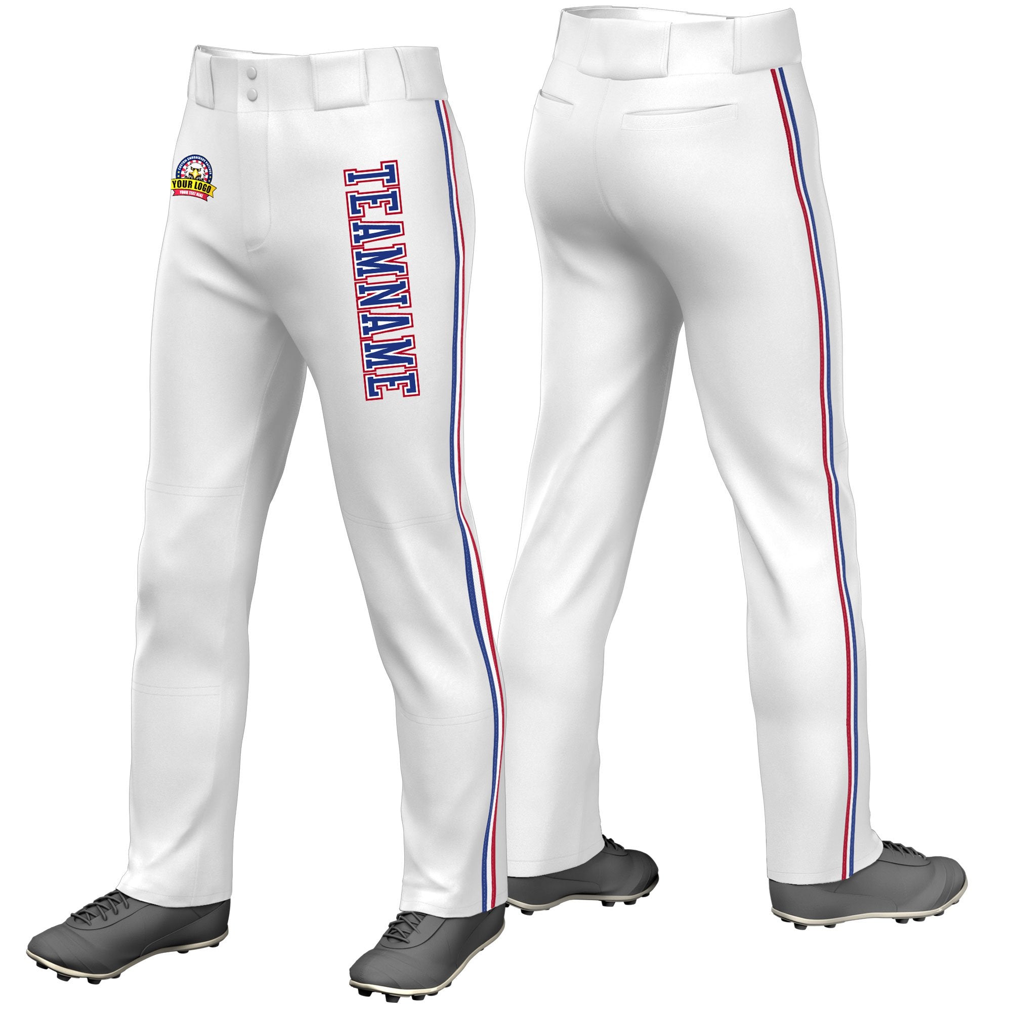 Custom White Royal Blue White-Red Classic Fit Stretch Practice Loose-fit Baseball Pants