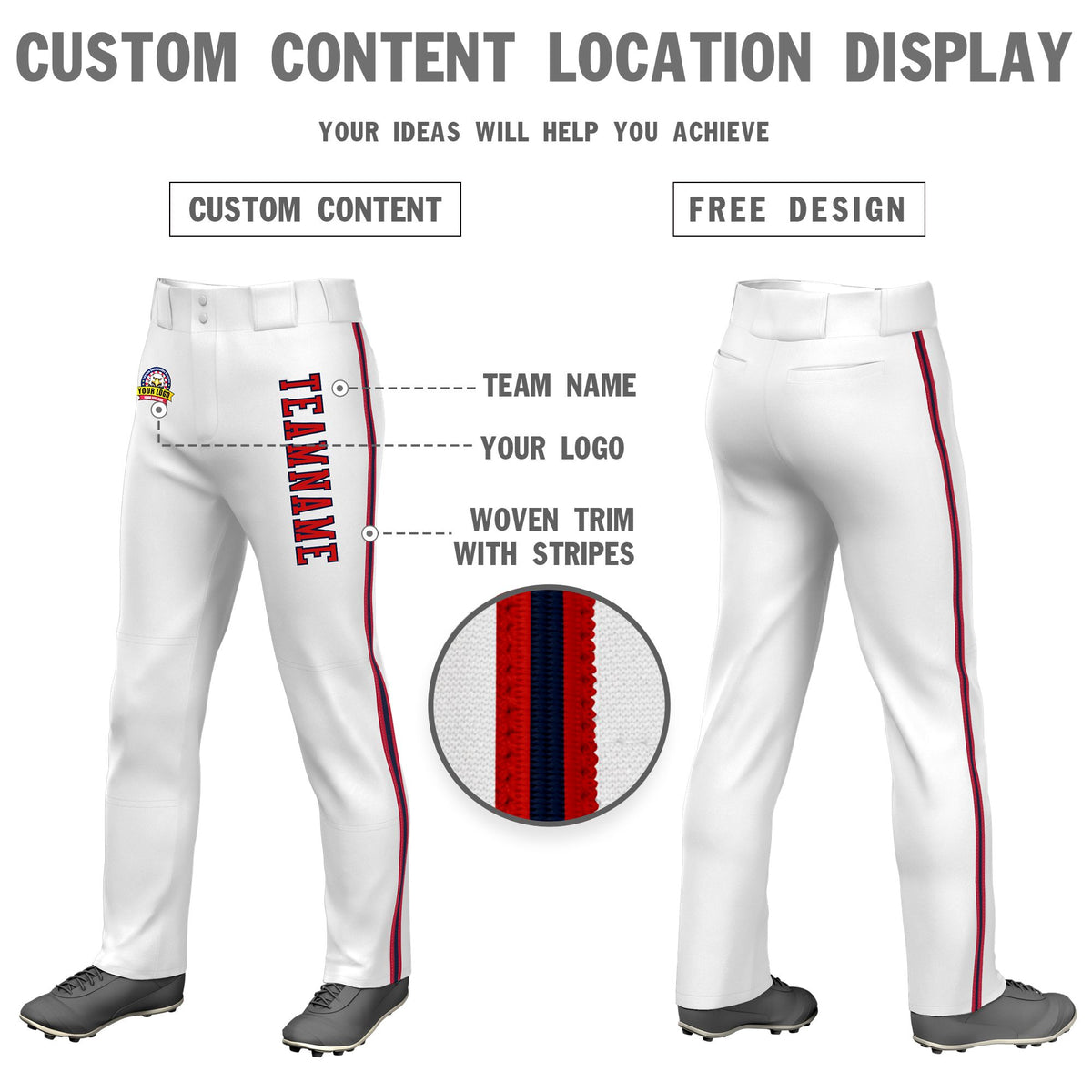 Custom White Red Navy-Red Classic Fit Stretch Practice Loose-fit Baseball Pants