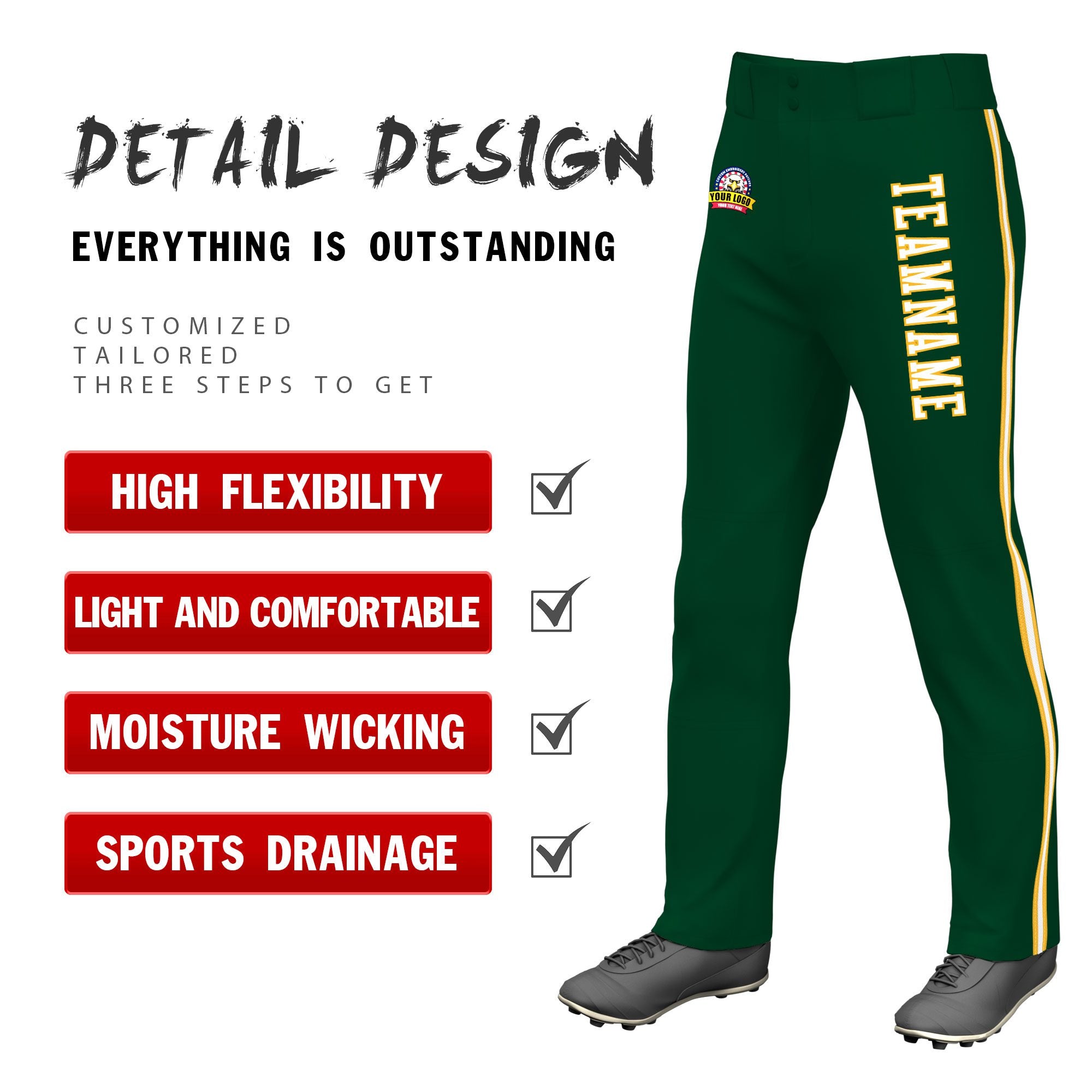 Custom Green Gold01 White-Gold01 Classic Fit Stretch Practice Loose-fit Baseball Pants