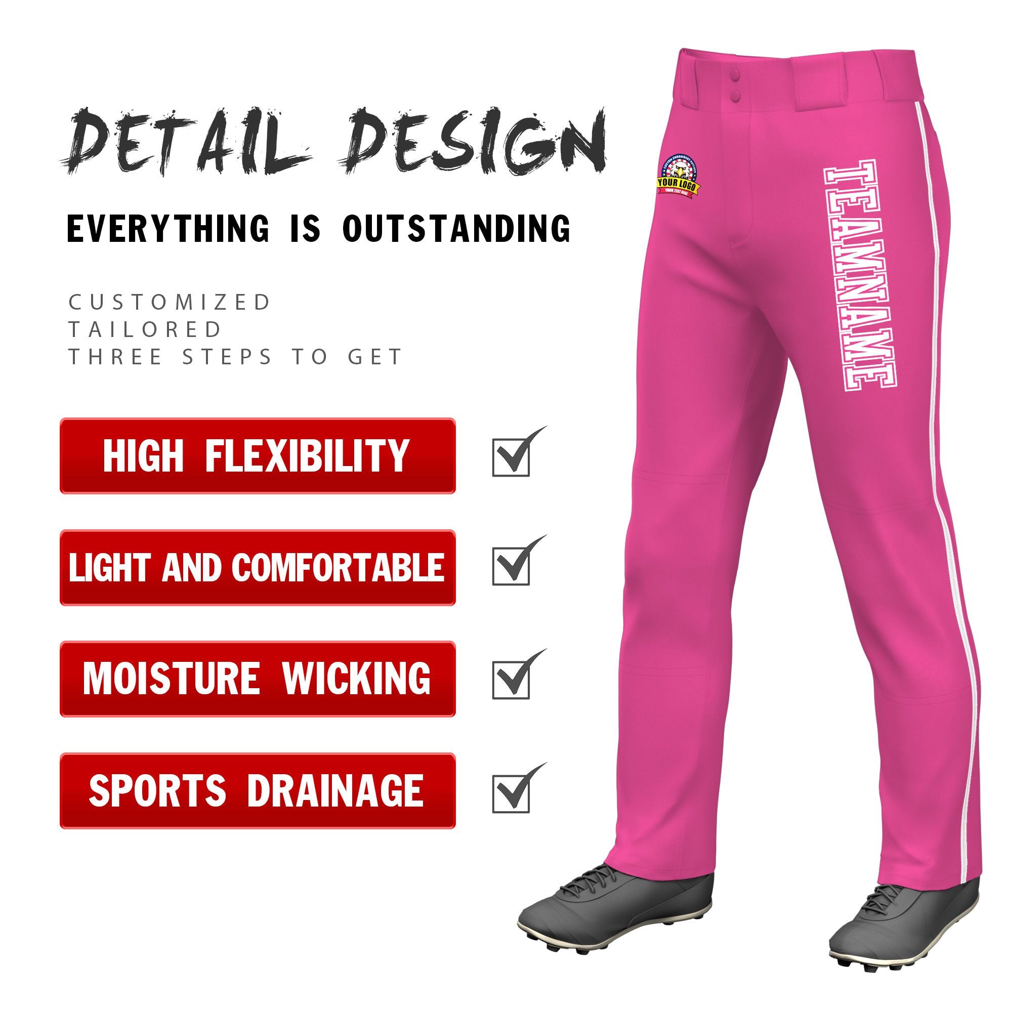 Custom Pink White Classic Fit Stretch Practice Loose-fit Baseball Pants