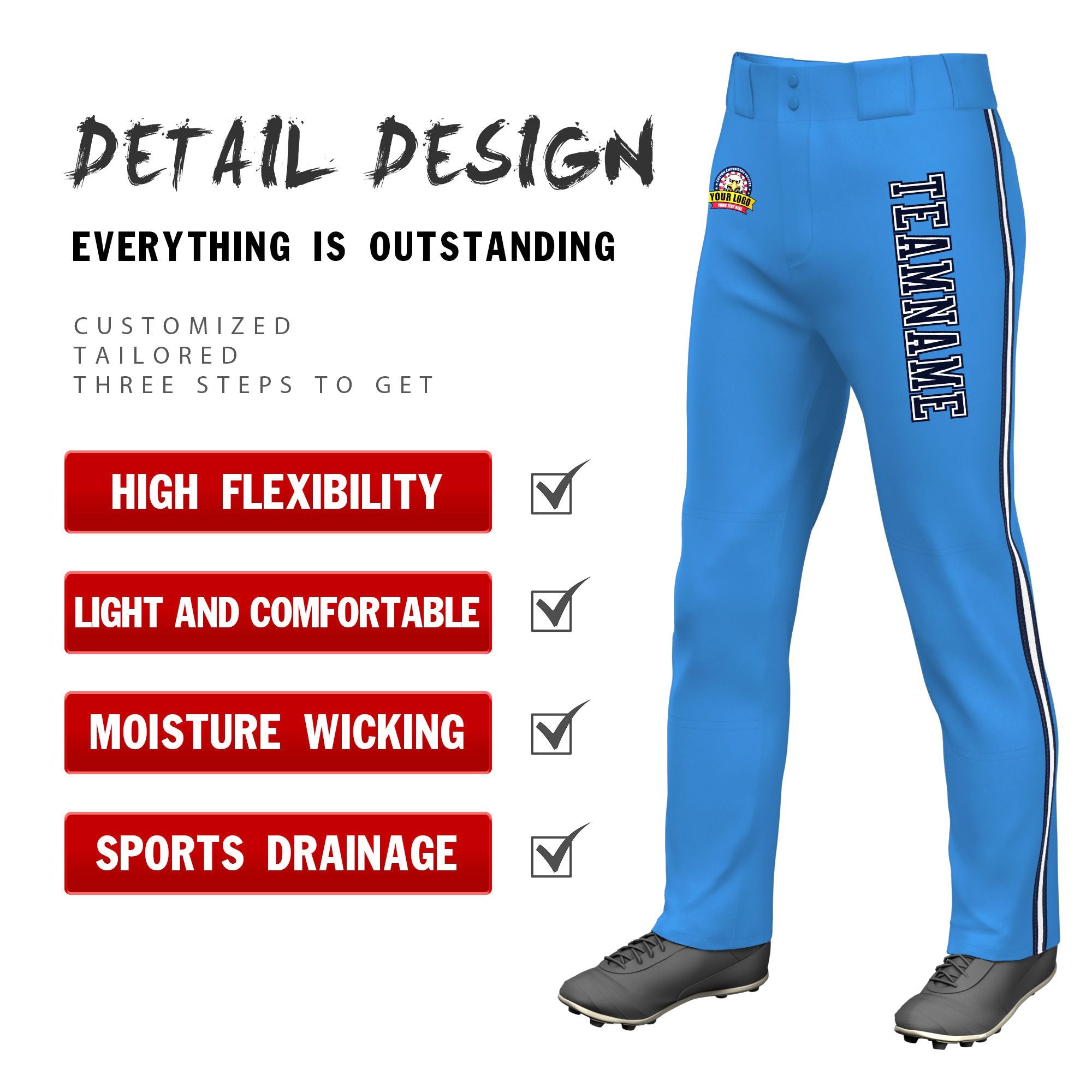 Custom Powder Blue Navy White-Navy Classic Fit Stretch Practice Loose-fit Baseball Pants