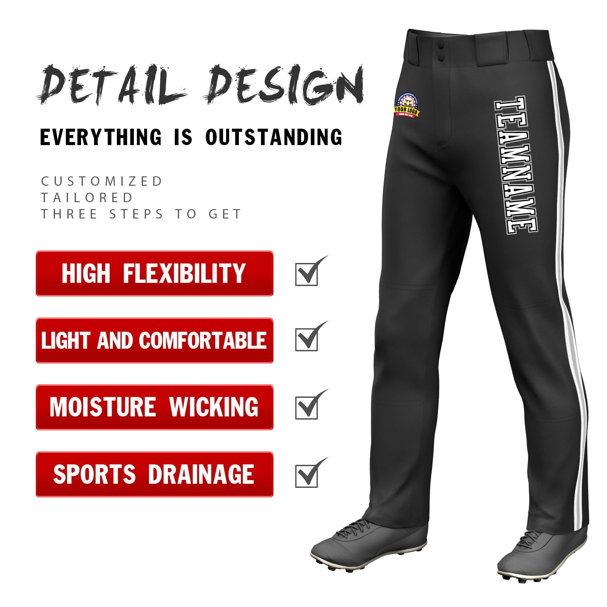 Custom Black White Gray-White Classic Fit Stretch Practice Loose-fit Baseball Pants