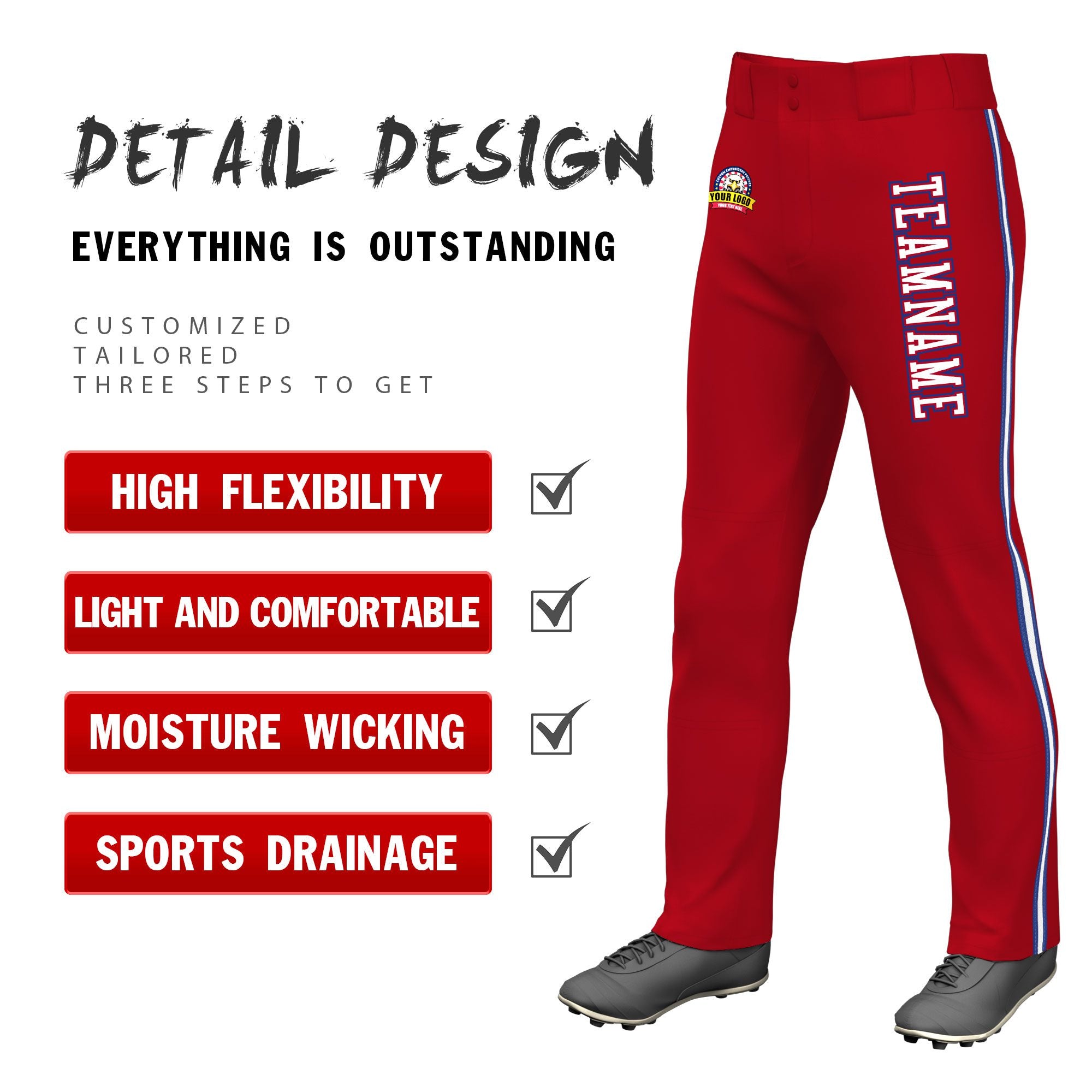 Custom Red Royal Blue White-Royal Blue Classic Fit Stretch Practice Loose-fit Baseball Pants