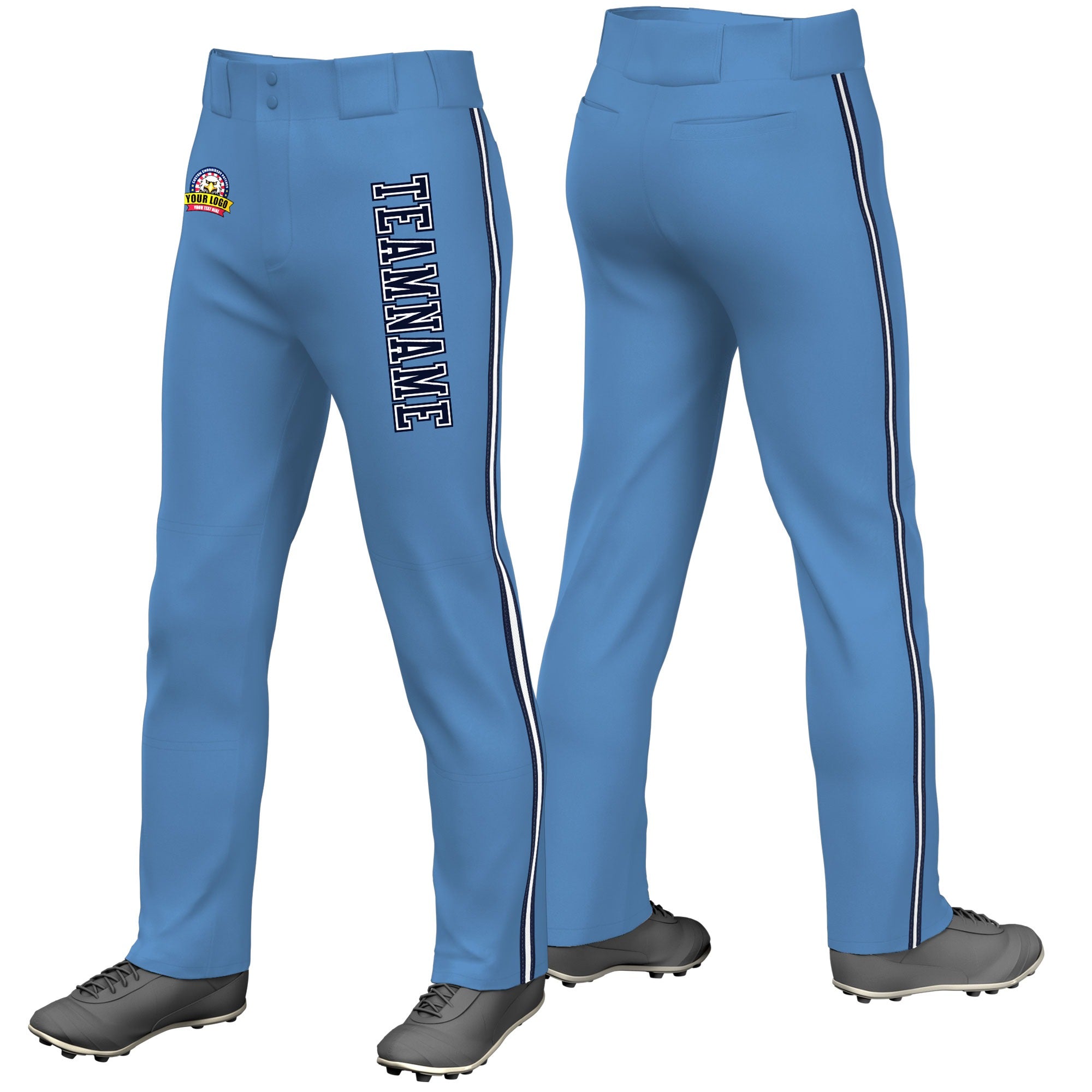 Custom Light Blue Navy White-Navy Classic Fit Stretch Practice Loose-fit Baseball Pants