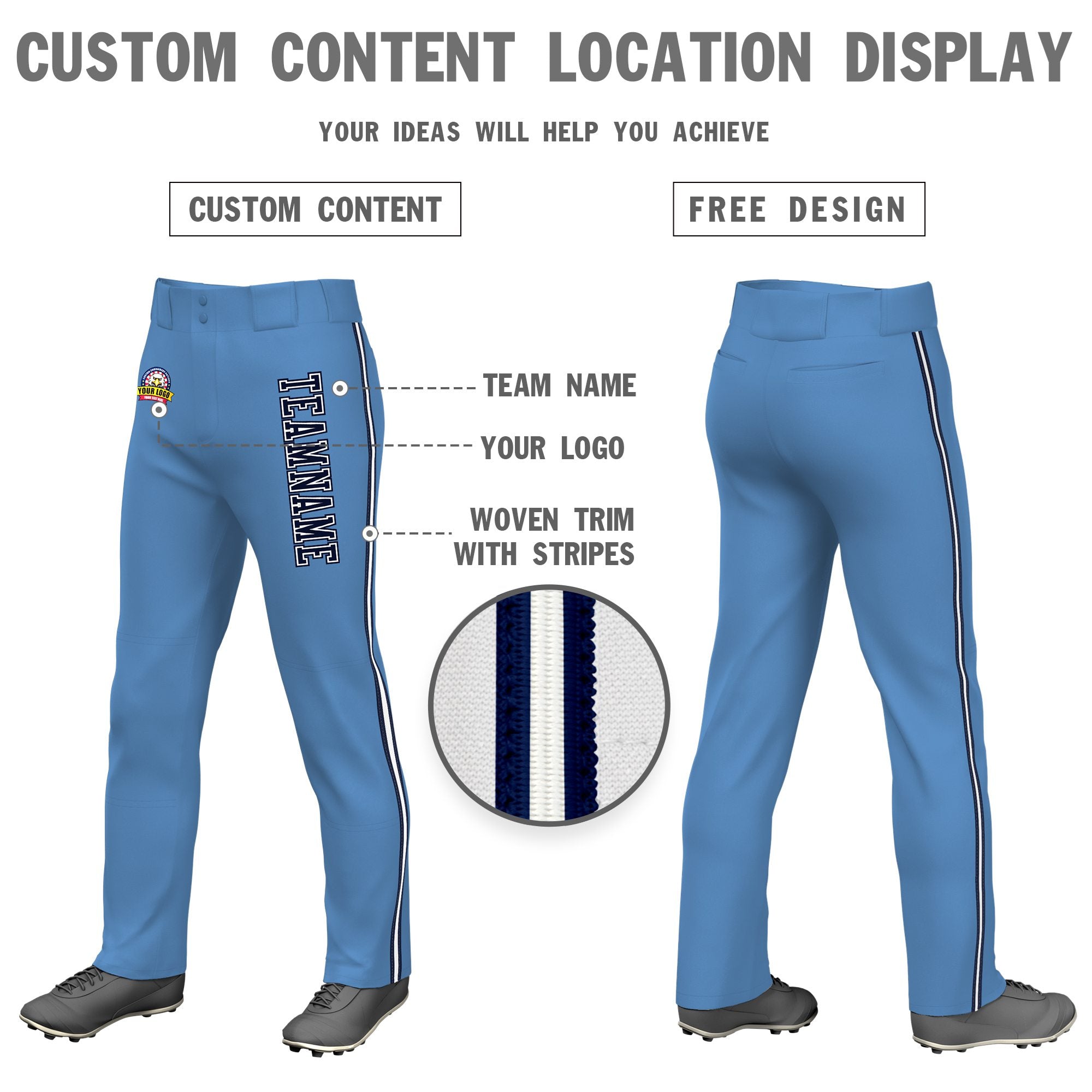 Custom Light Blue Navy White-Navy Classic Fit Stretch Practice Loose-fit Baseball Pants