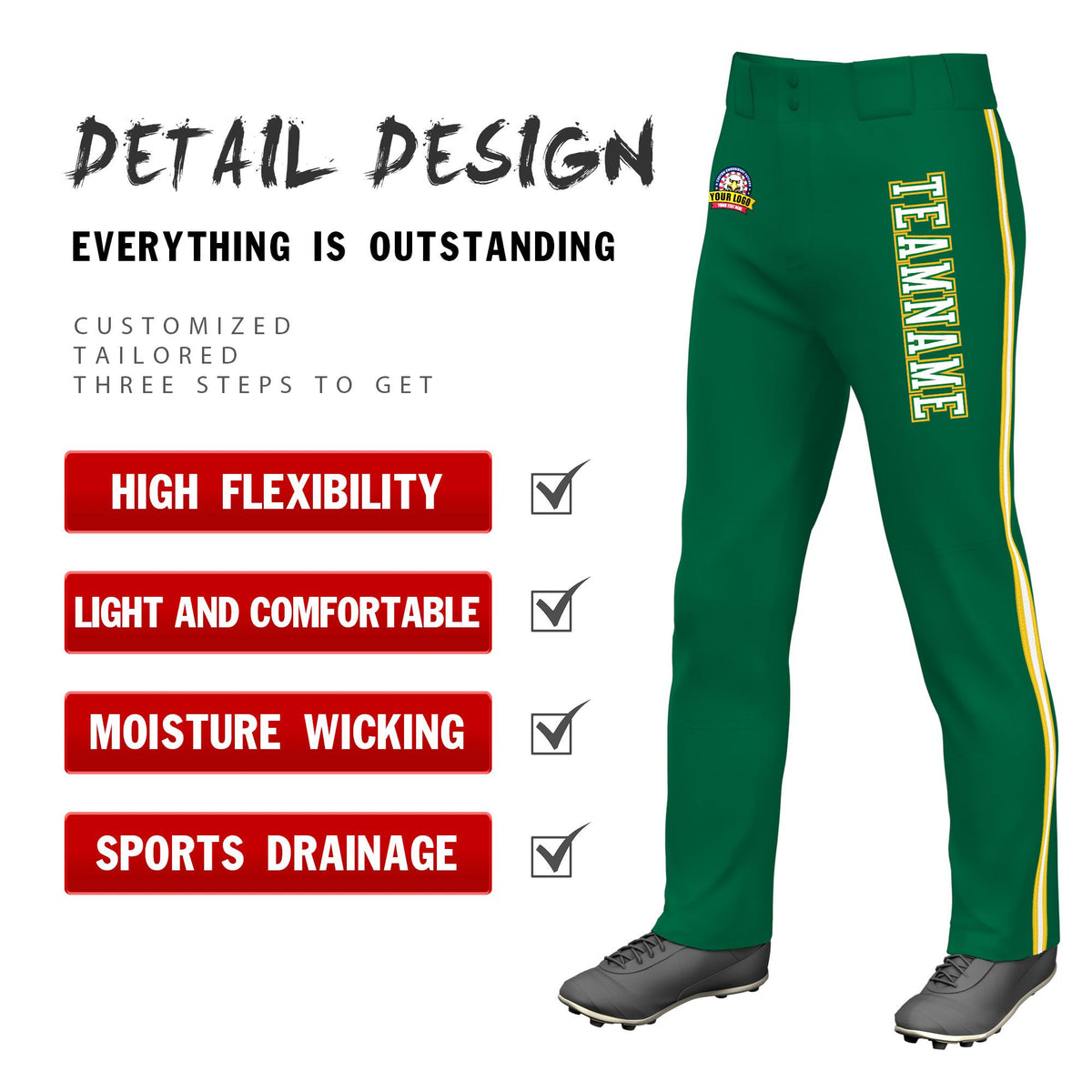 Custom Kelly Green Gold01 White-Gold01 Classic Fit Stretch Practice Loose-fit Baseball Pants