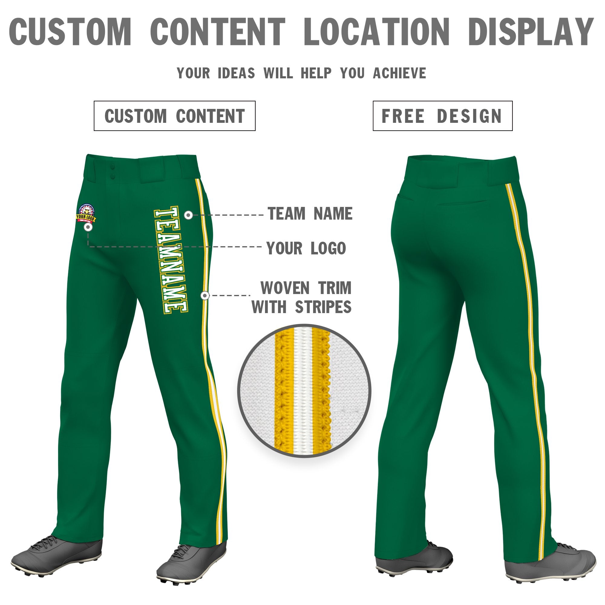 Custom Kelly Green Gold01 White-Gold01 Classic Fit Stretch Practice Loose-fit Baseball Pants