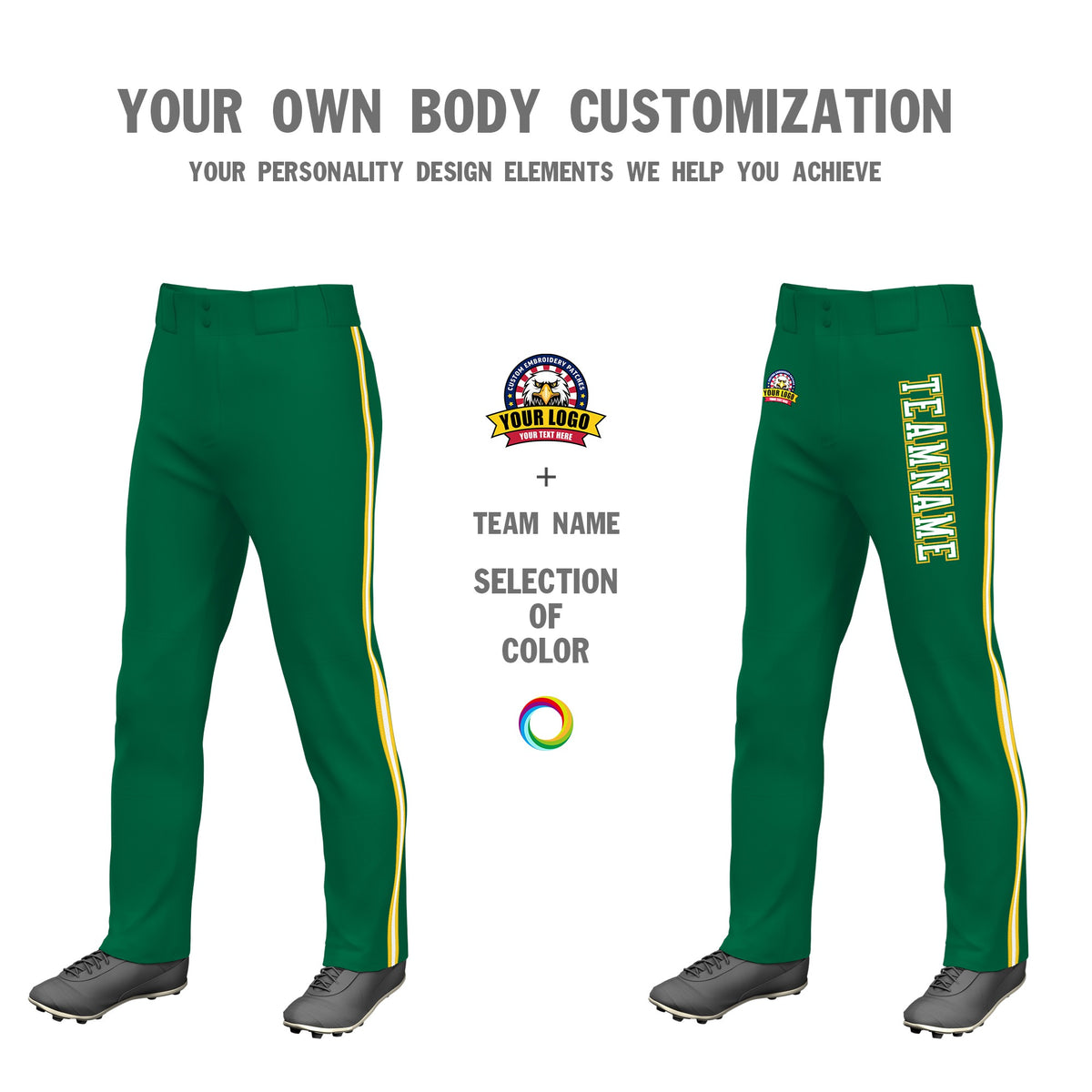 Custom Kelly Green Gold01 White-Gold01 Classic Fit Stretch Practice Loose-fit Baseball Pants