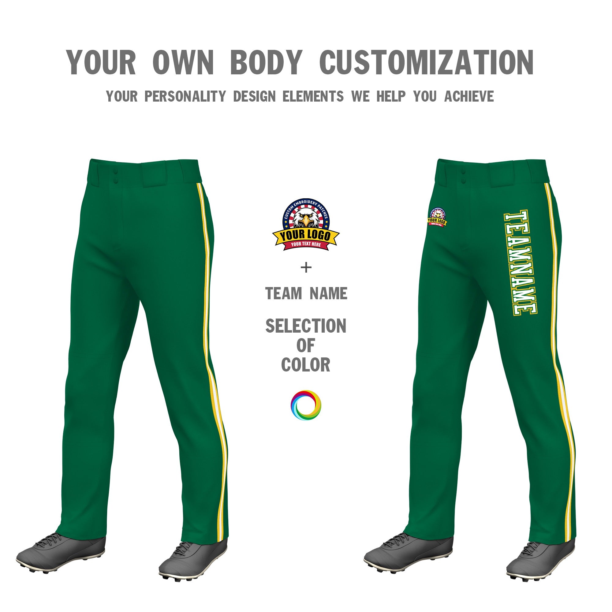 Custom Kelly Green Gold01 White-Gold01 Classic Fit Stretch Practice Loose-fit Baseball Pants