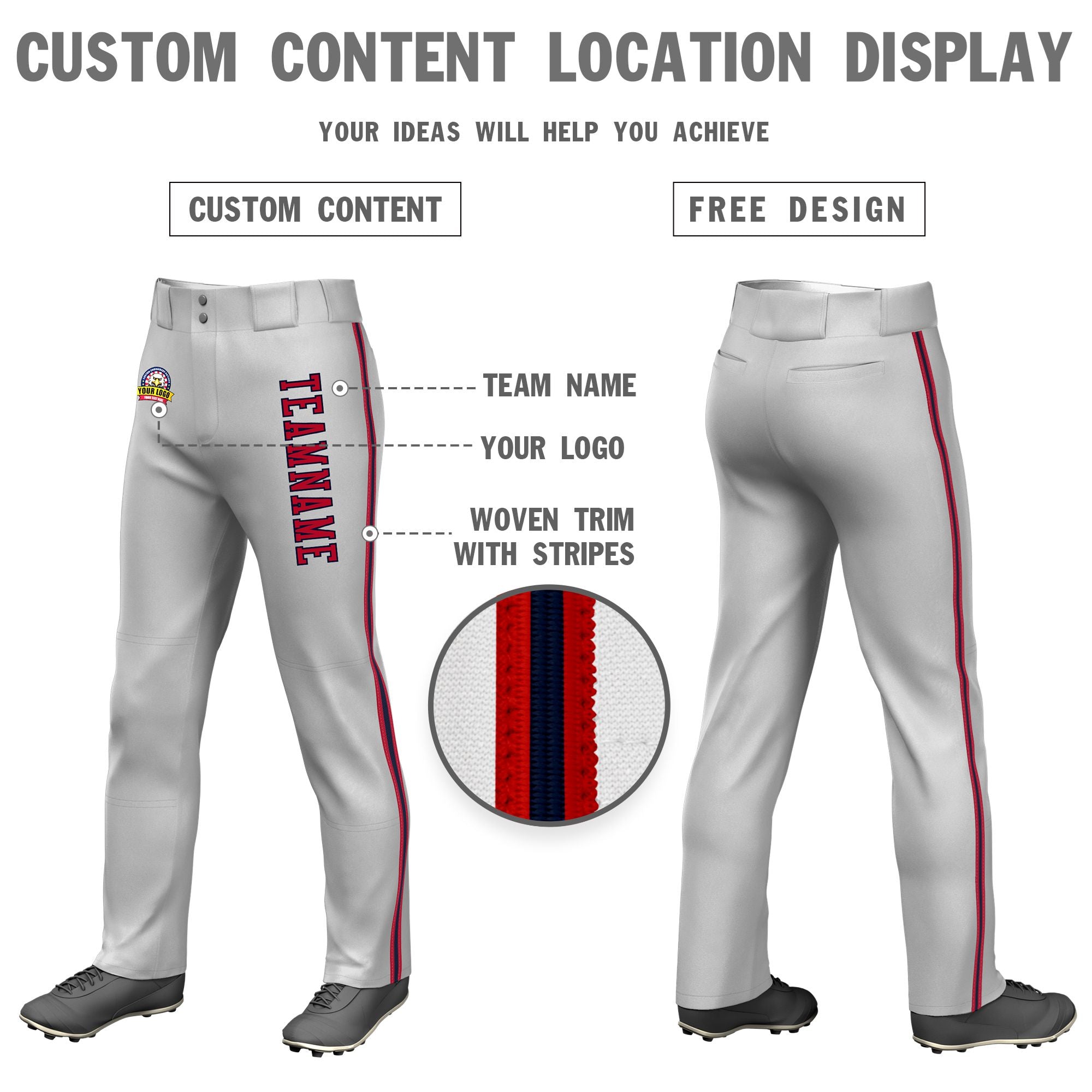 Custom Gray Red Navy-Red Classic Fit Stretch Practice Loose-fit Baseball Pants