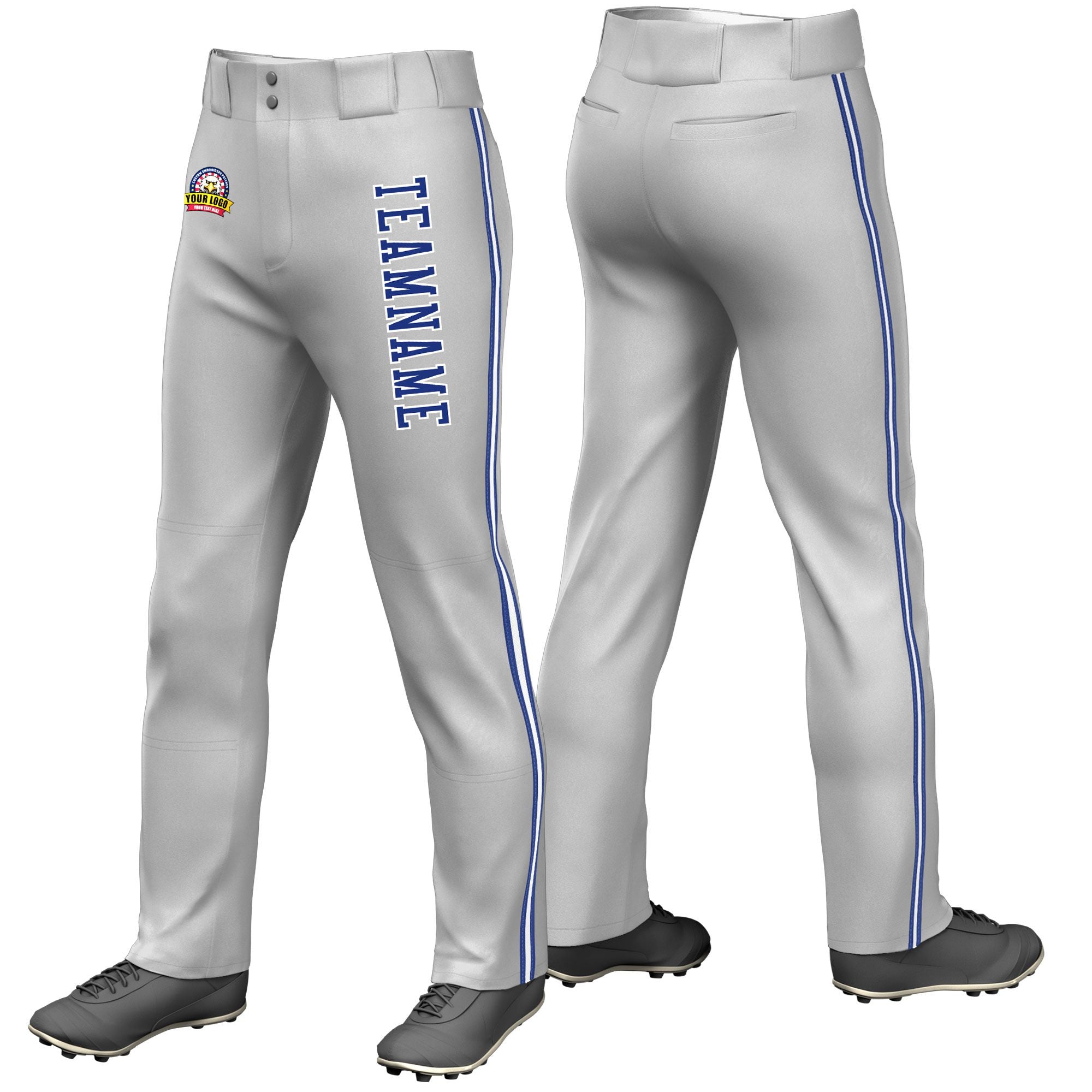 Custom Gray Royal Blue White-Royal Blue Classic Fit Stretch Practice Loose-fit Baseball Pants