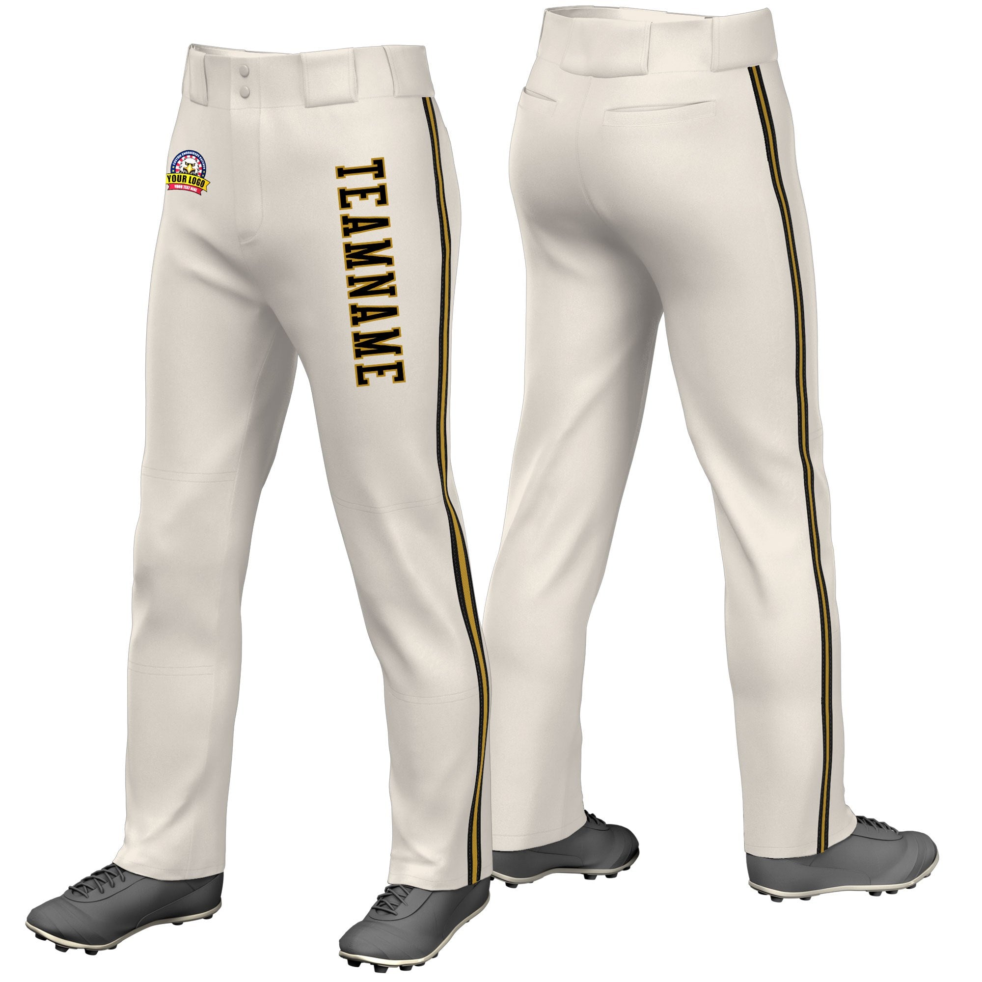 Custom Khaki Black Old Gold-Black Classic Fit Stretch Practice Loose-fit Baseball Pants