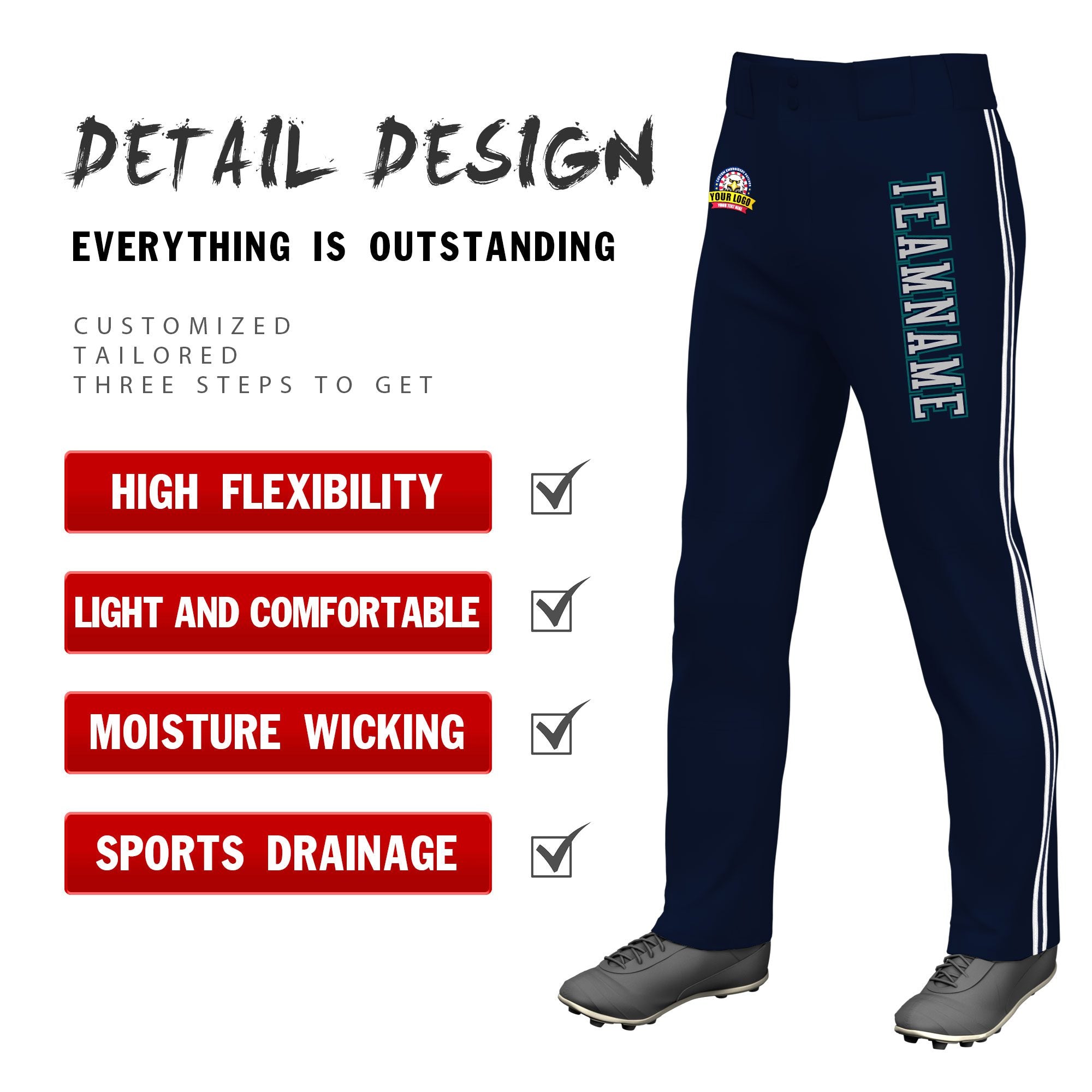 Custom Navy White Navy-White Classic Fit Stretch Practice Loose-fit Baseball Pants