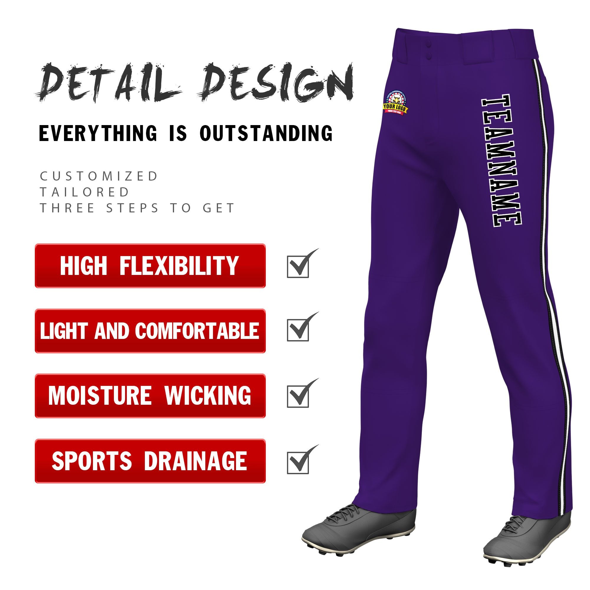 Custom Purple Black White-Black Classic Fit Stretch Practice Loose-fit Baseball Pants