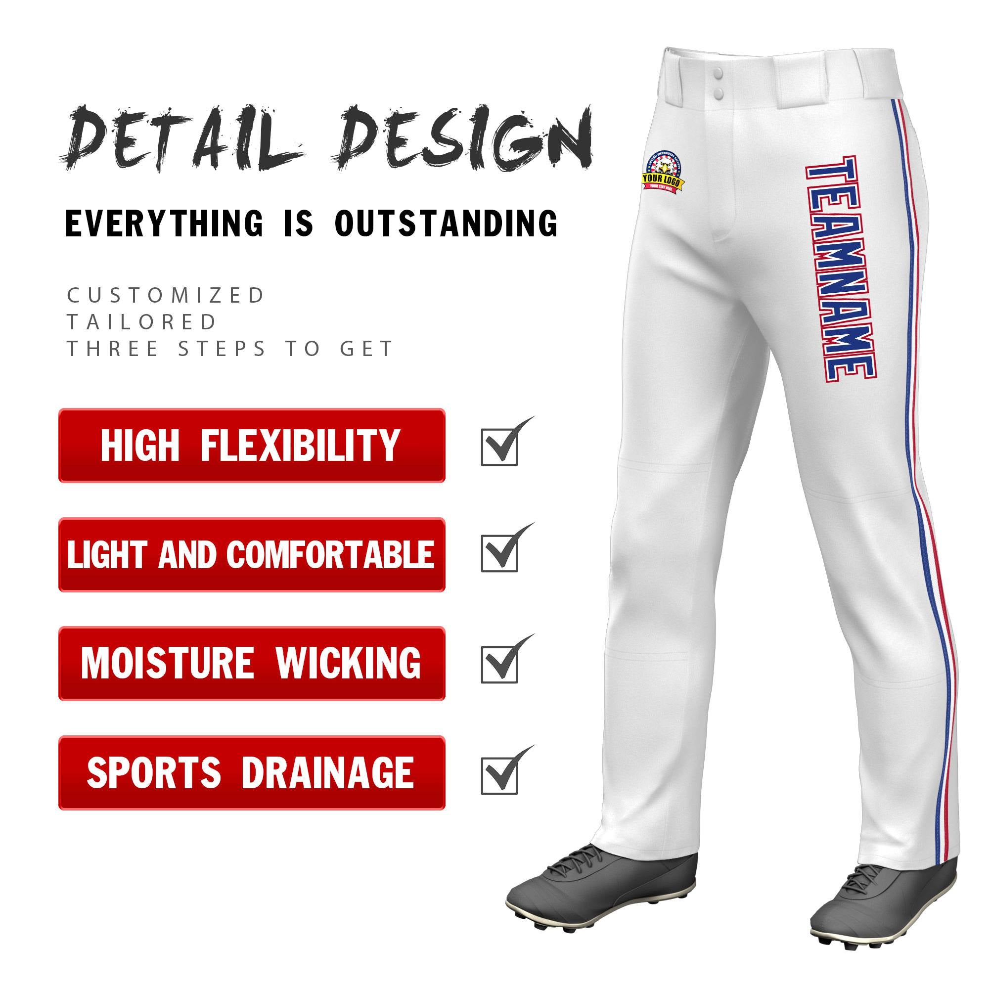 Custom White Royal Blue White-Red Classic Fit Stretch Practice Loose-fit Baseball Pants