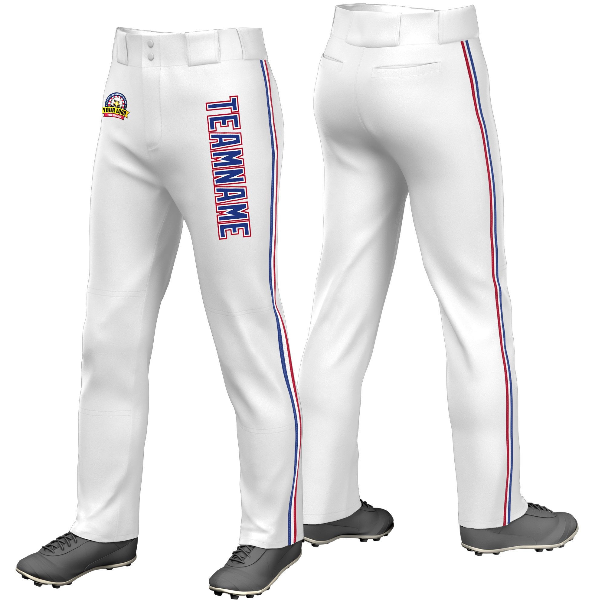 Custom White Royal Blue White-Red Classic Fit Stretch Practice Loose-fit Baseball Pants