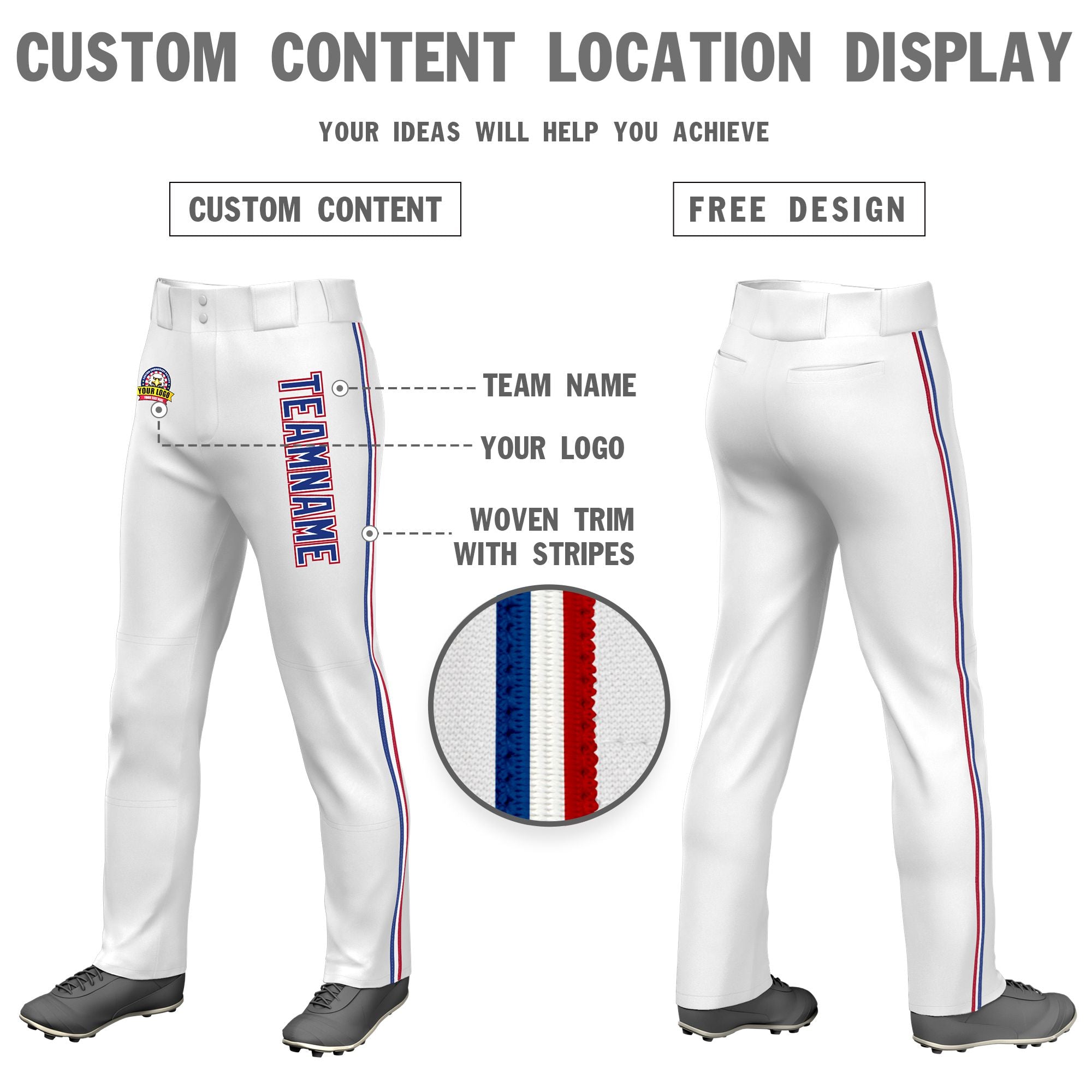 Custom White Royal Blue White-Red Classic Fit Stretch Practice Loose-fit Baseball Pants