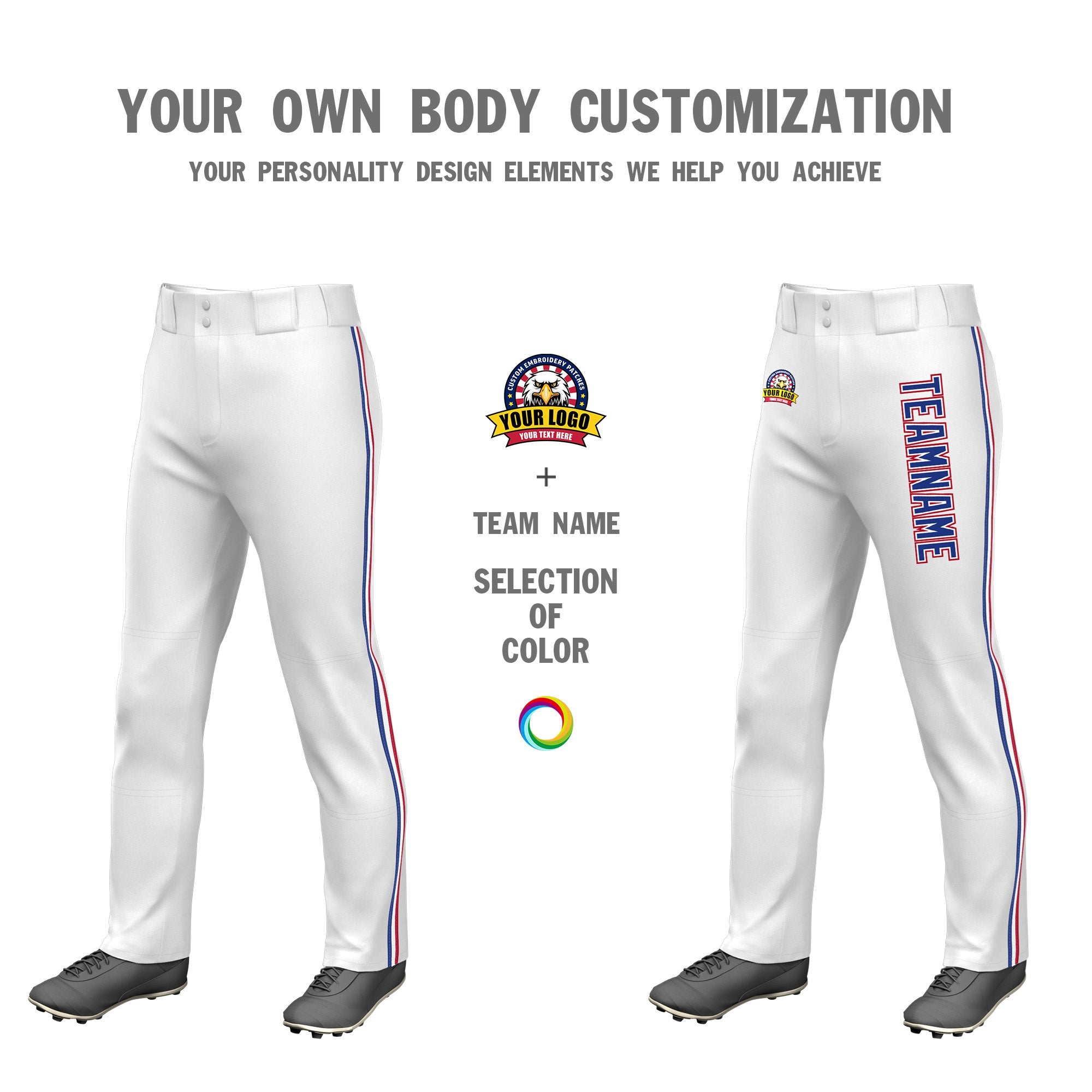 Custom White Royal Blue White-Red Classic Fit Stretch Practice Loose-fit Baseball Pants