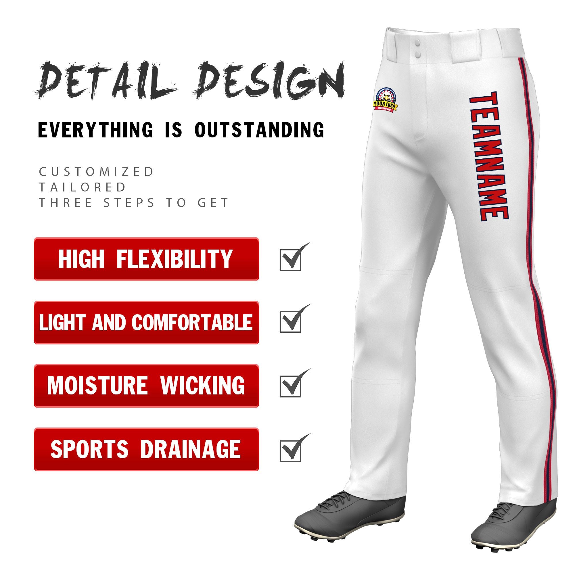 Custom White Red Navy-Red Classic Fit Stretch Practice Loose-fit Baseball Pants