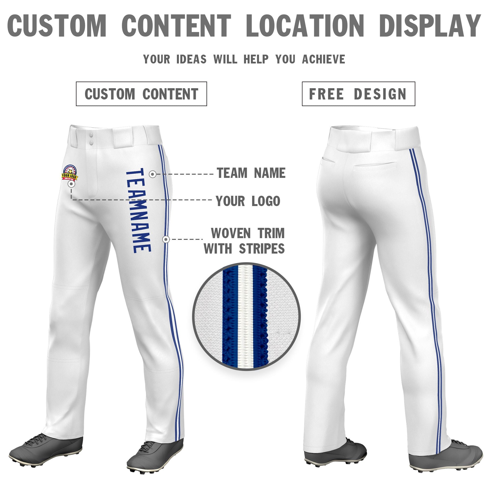 Custom White Royal Blue White-Royal Blue Classic Fit Stretch Practice Loose-fit Baseball Pants