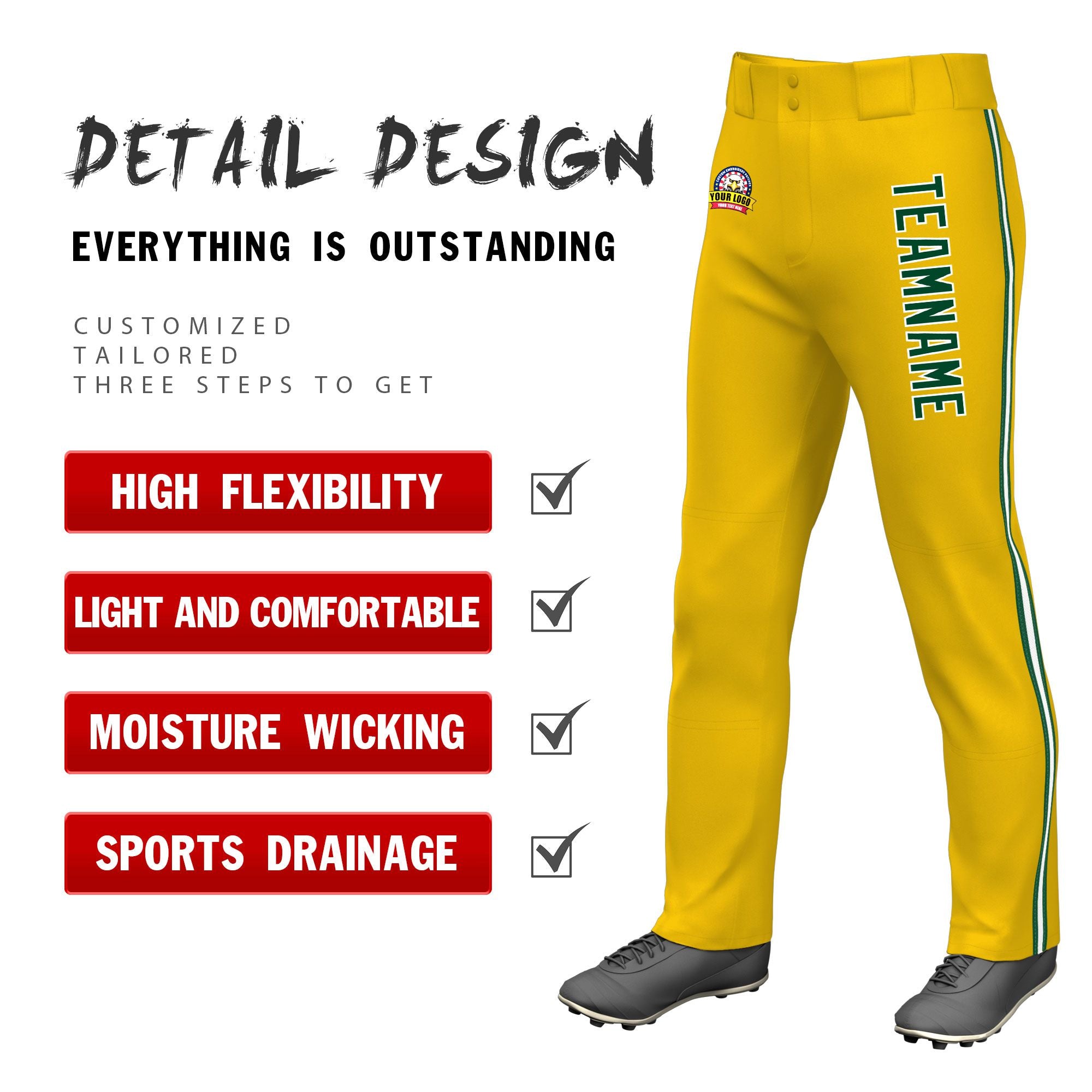 Custom Gold01 Green White-Green Classic Fit Stretch Practice Loose-fit Baseball Pants