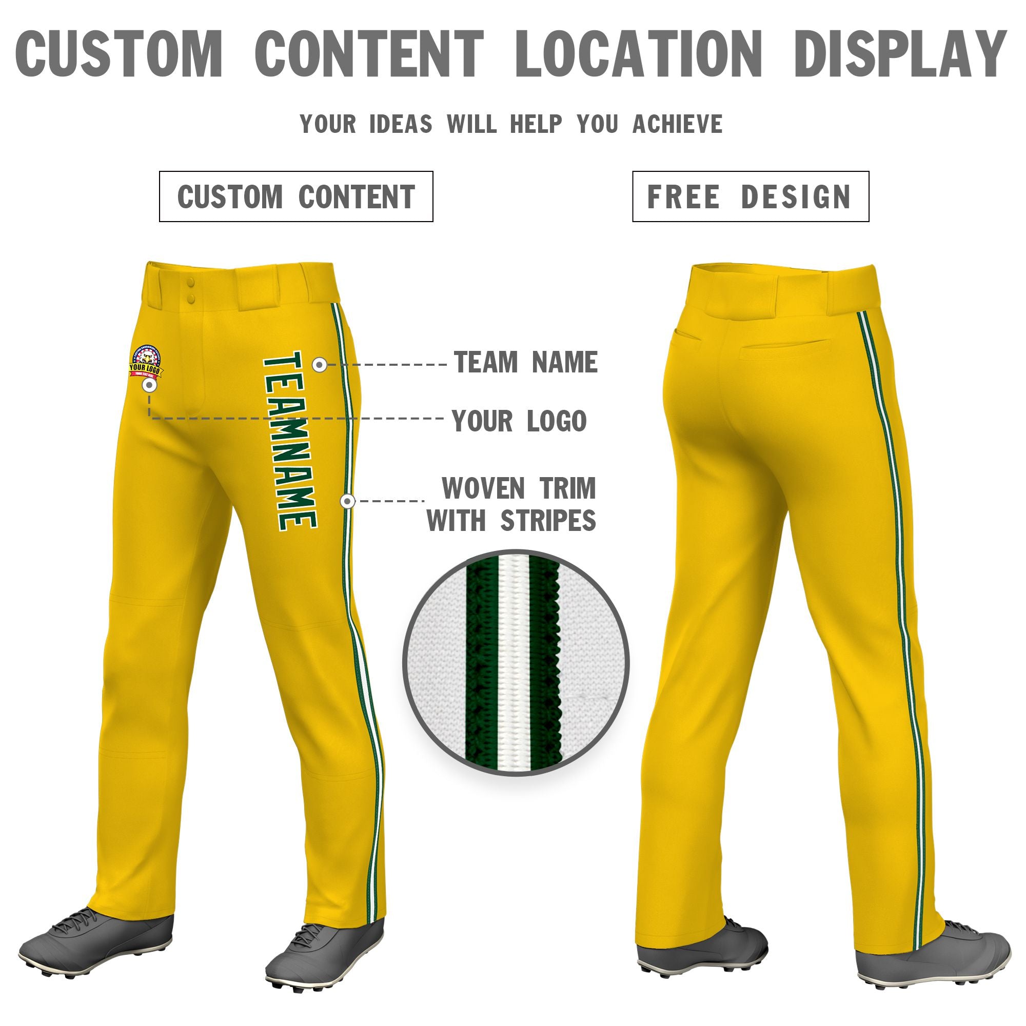 Custom Gold01 Green White-Green Classic Fit Stretch Practice Loose-fit Baseball Pants