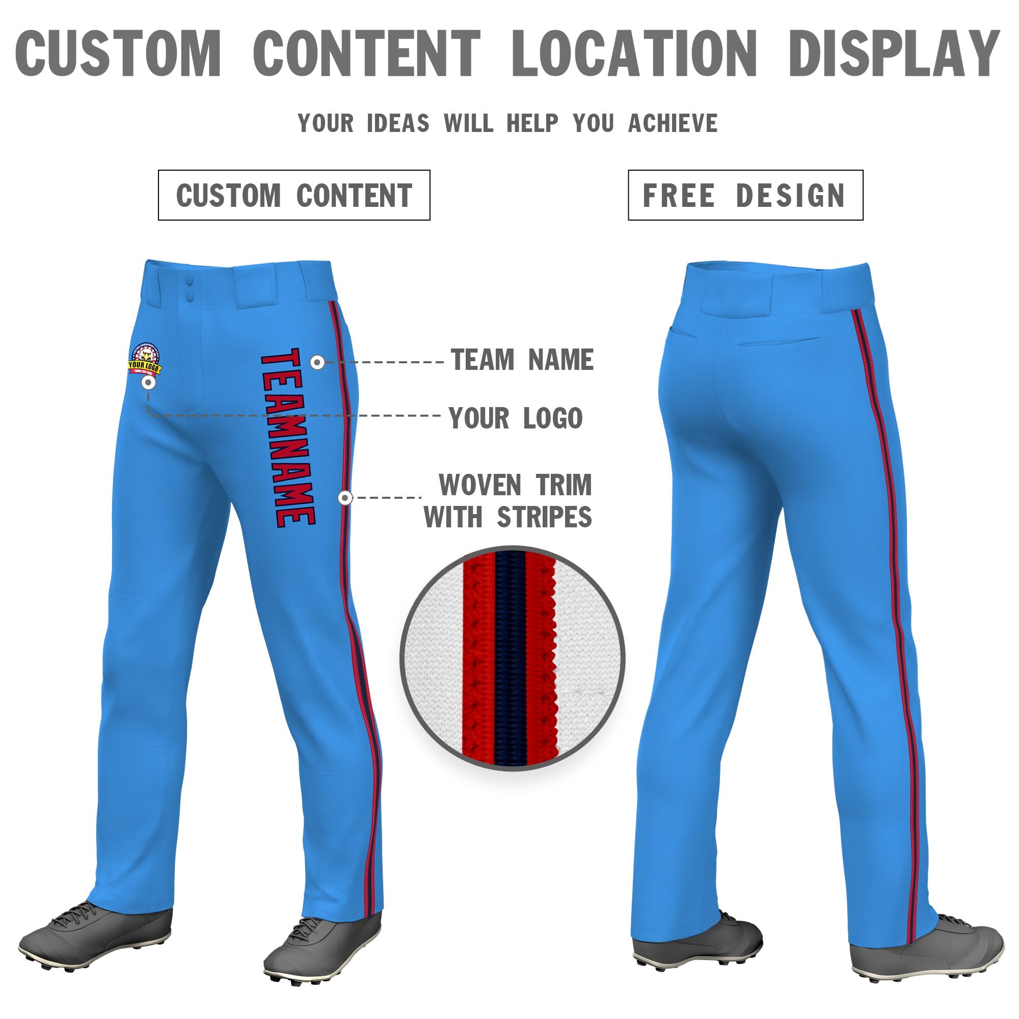 Custom Powder Blue Red Navy-Red Classic Fit Stretch Practice Loose-fit Baseball Pants