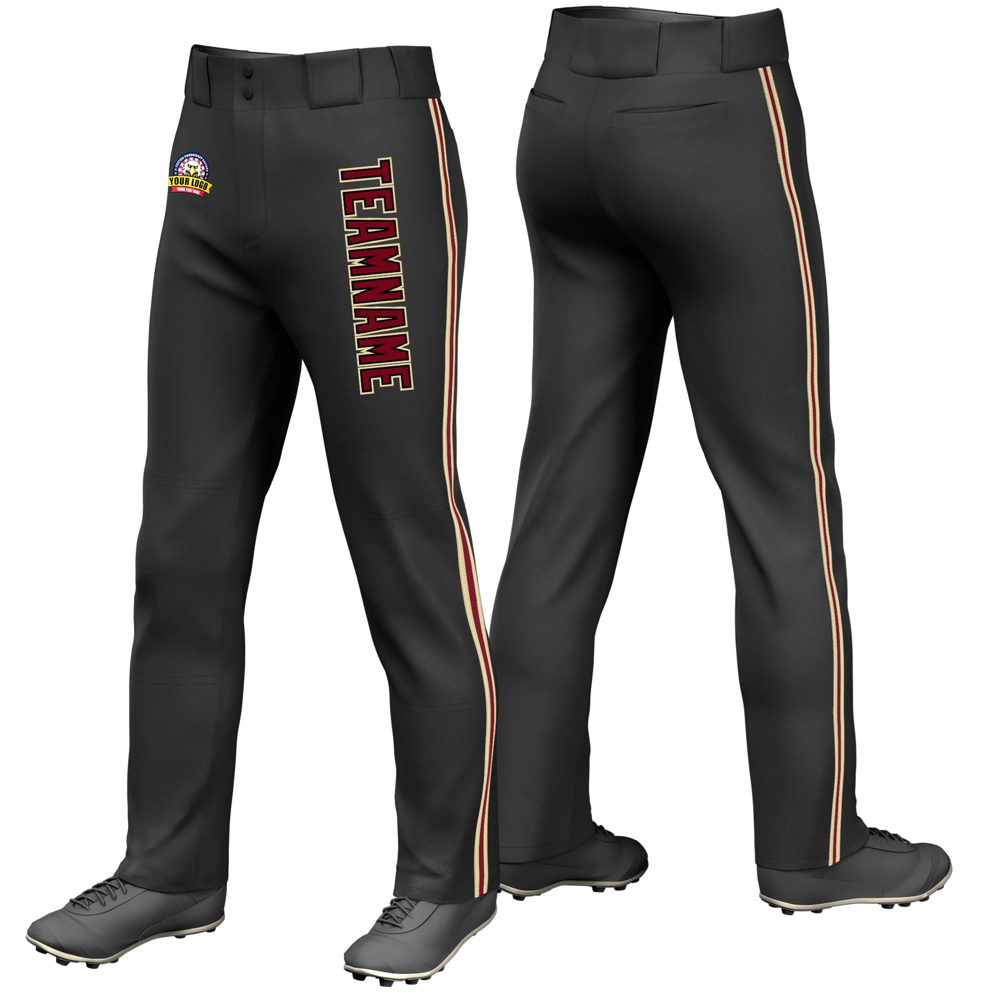 Custom Black Khaki Crimson-Khaki Classic Fit Stretch Practice Loose-fit Baseball Pants