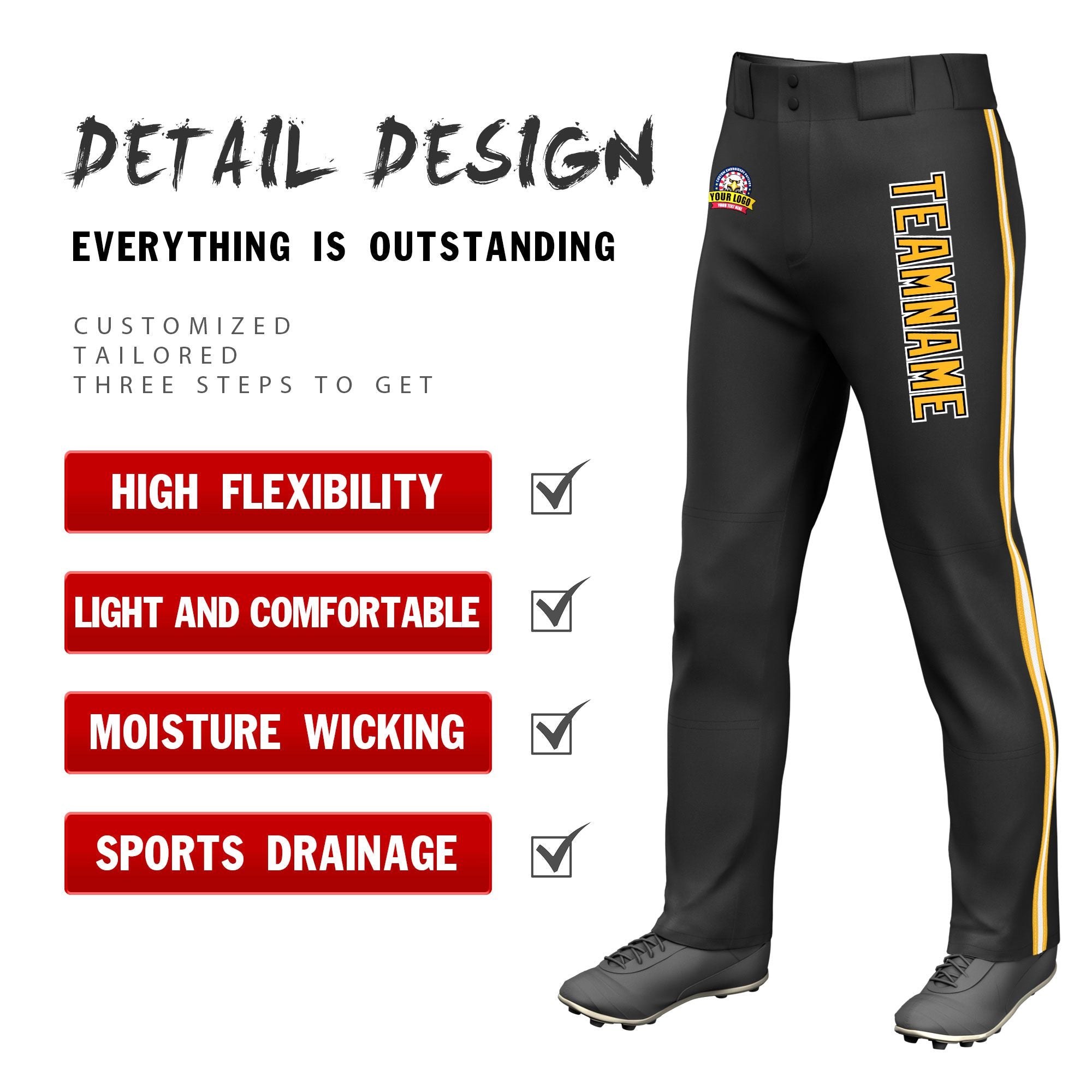 Custom Black Gold01 White-Gold01 Classic Fit Stretch Practice Loose-fit Baseball Pants