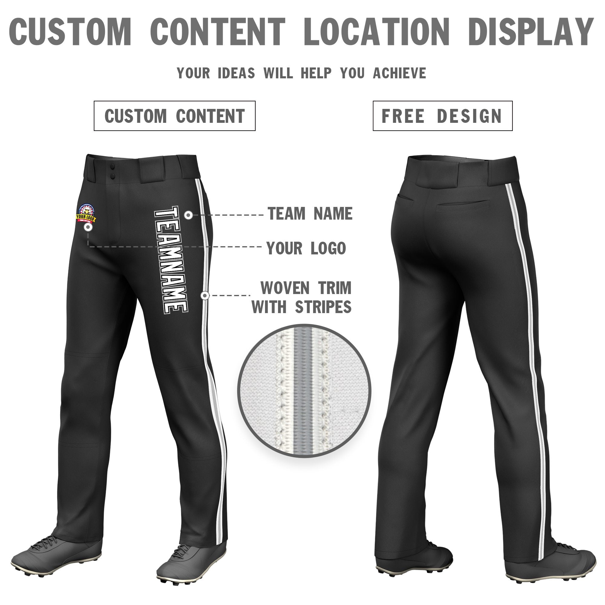 Custom Black White Gray-White Classic Fit Stretch Practice Loose-fit Baseball Pants