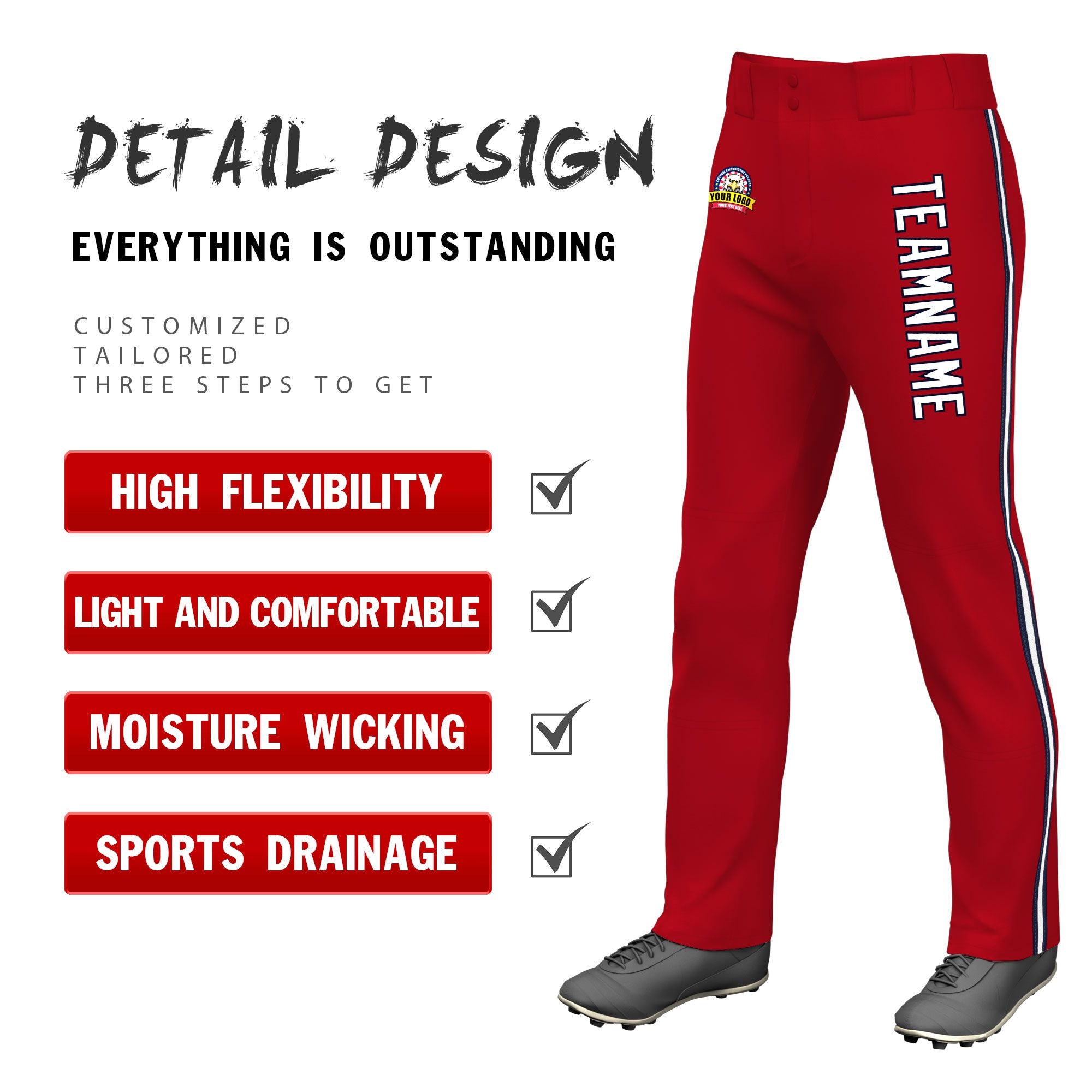 Custom Red Navy White-Navy Classic Fit Stretch Practice Loose-fit Baseball Pants