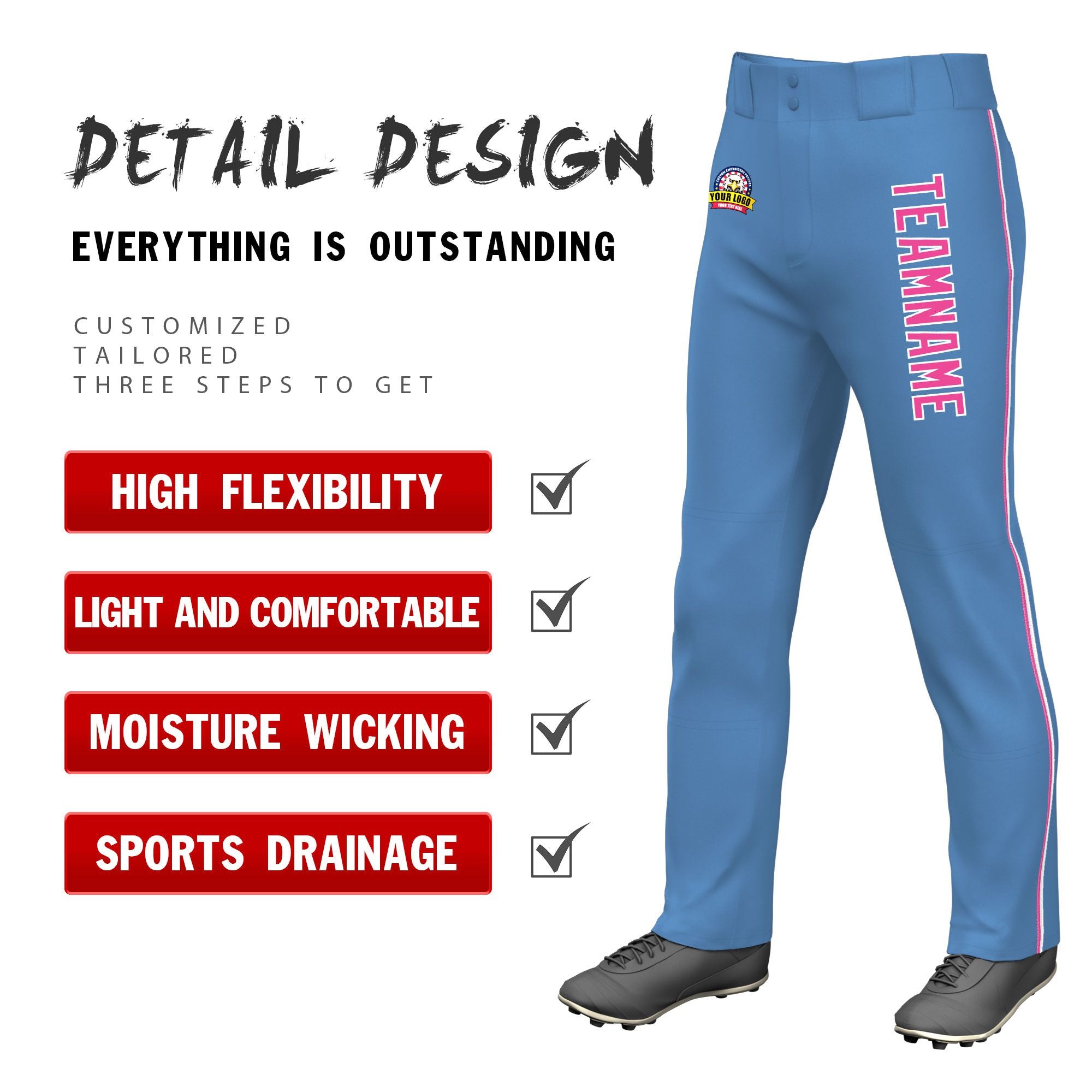 Custom Light Blue Pink White Classic Fit Stretch Practice Loose-fit Baseball Pants