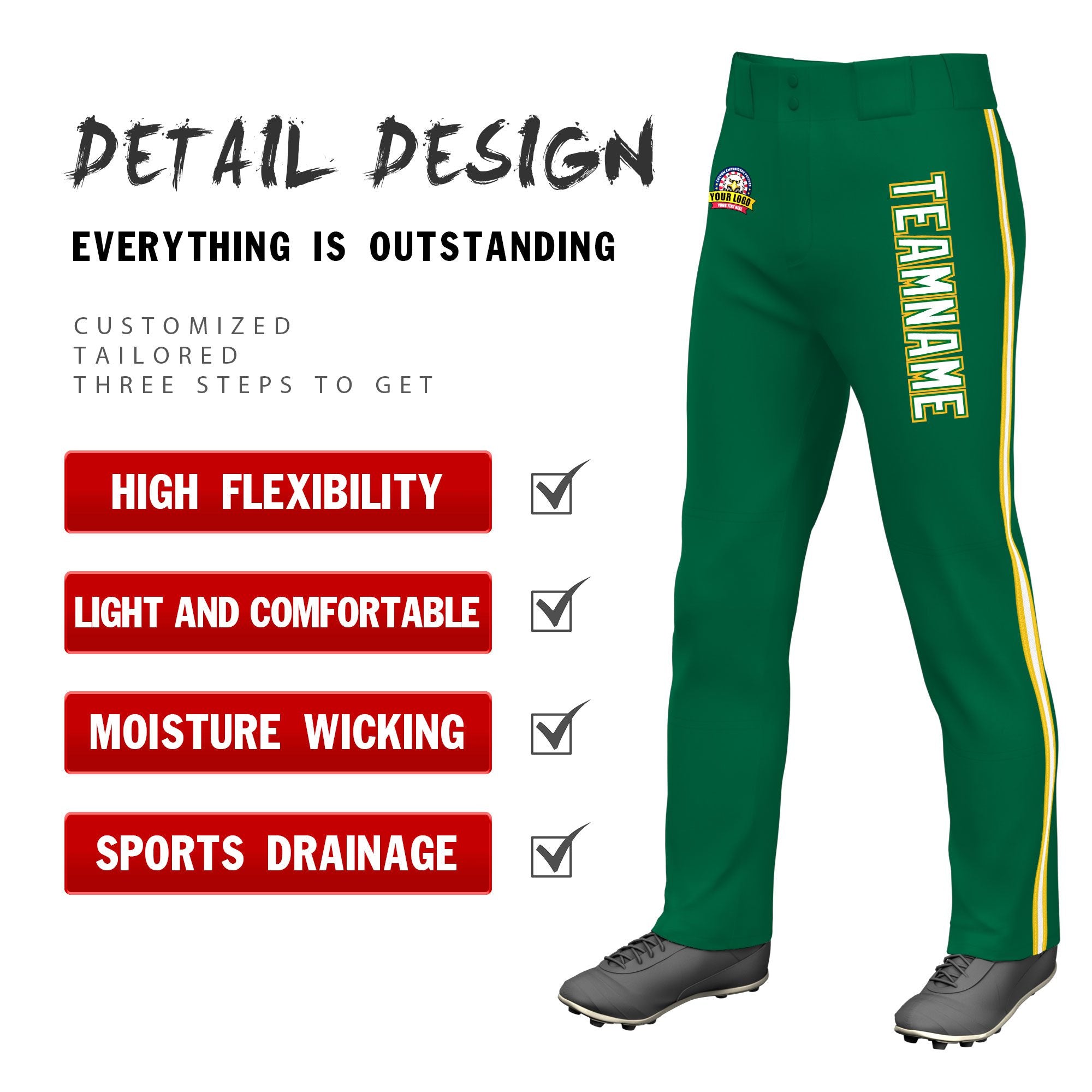 Custom Kelly Green Gold01 White-Gold01 Classic Fit Stretch Practice Loose-fit Baseball Pants