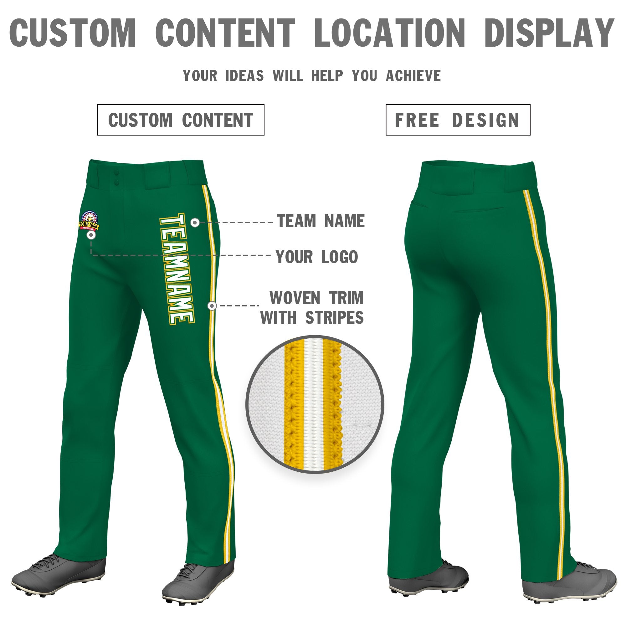 Custom Kelly Green Gold01 White-Gold01 Classic Fit Stretch Practice Loose-fit Baseball Pants