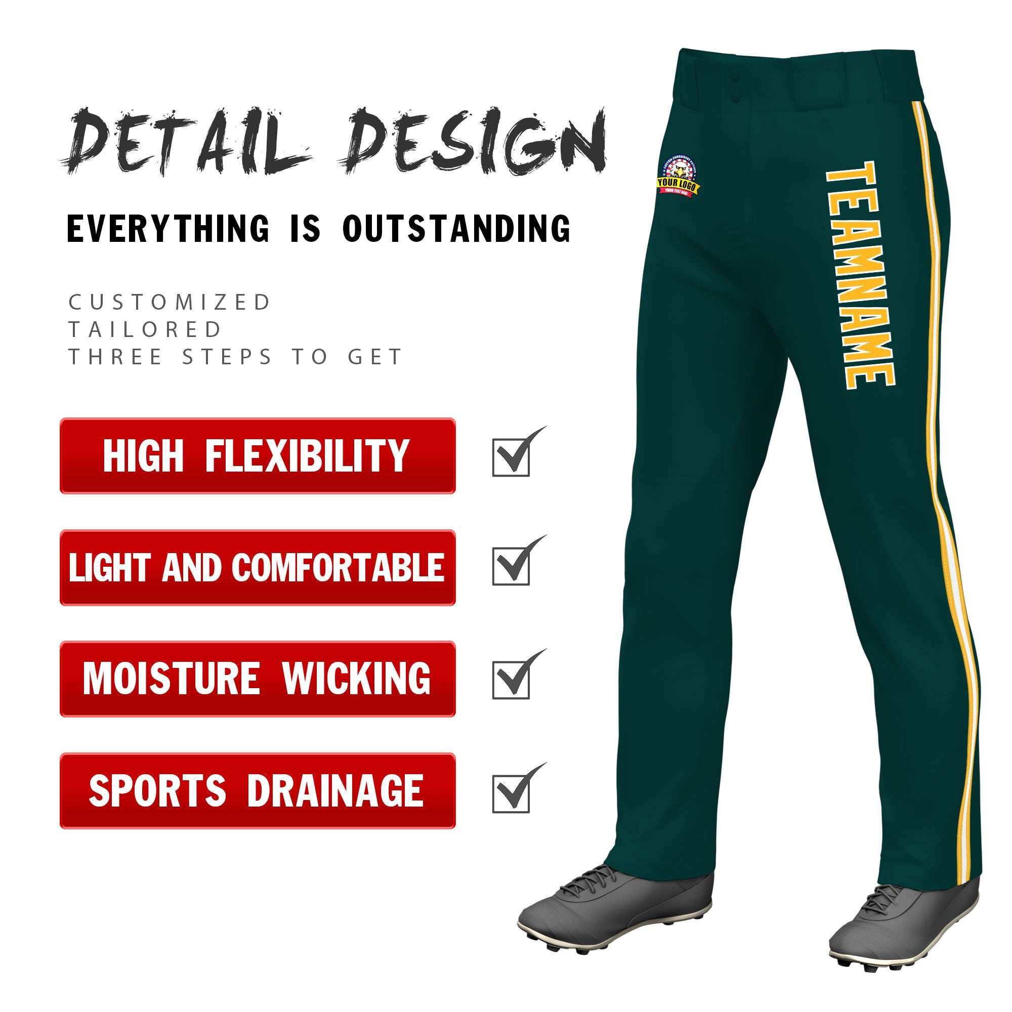 Custom Midnight Green Gold01 White-Gold01 Classic Fit Stretch Practice Loose-fit Baseball Pants