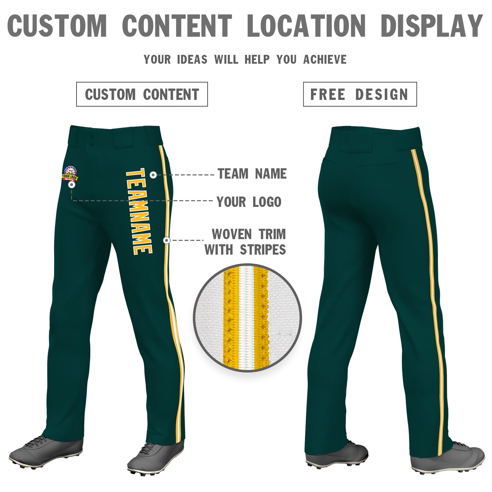 Custom Midnight Green Gold01 White-Gold01 Classic Fit Stretch Practice Loose-fit Baseball Pants