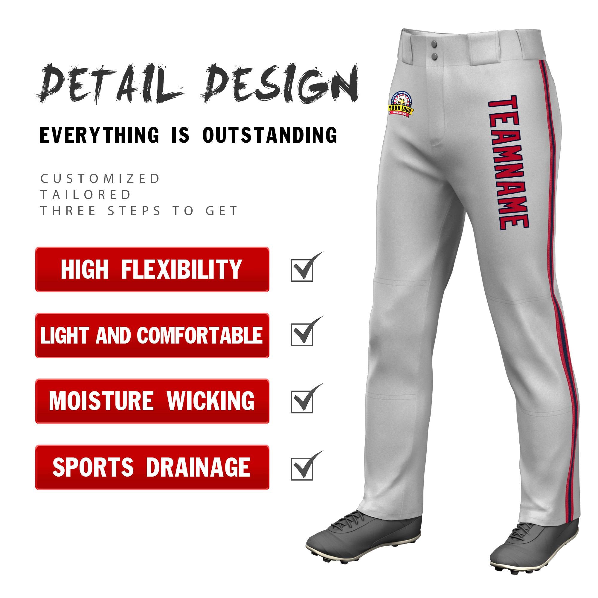 Custom Gray Red Navy-Red Classic Fit Stretch Practice Loose-fit Baseball Pants