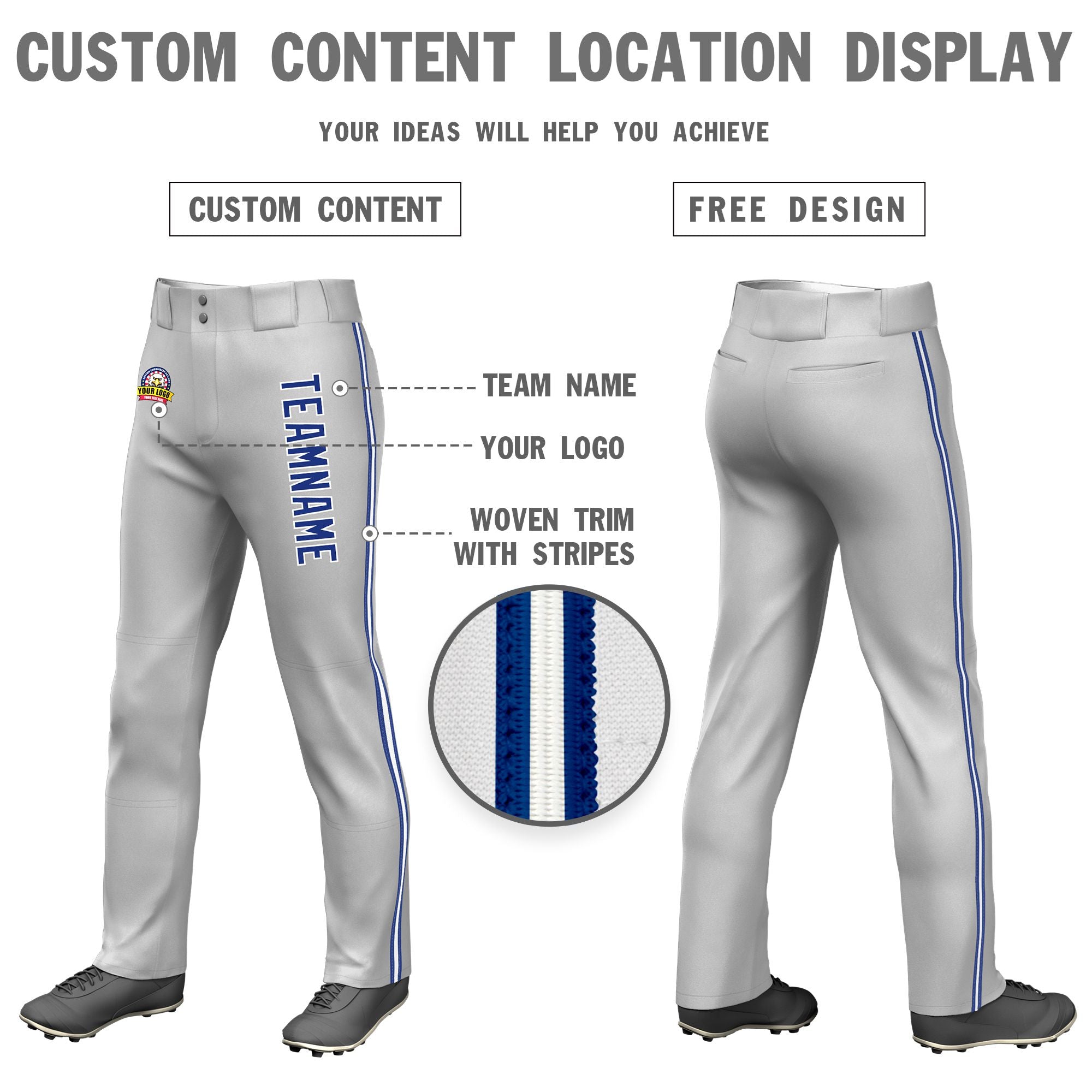 Custom Gray Royal Blue White-Royal Blue Classic Fit Stretch Practice Loose-fit Baseball Pants