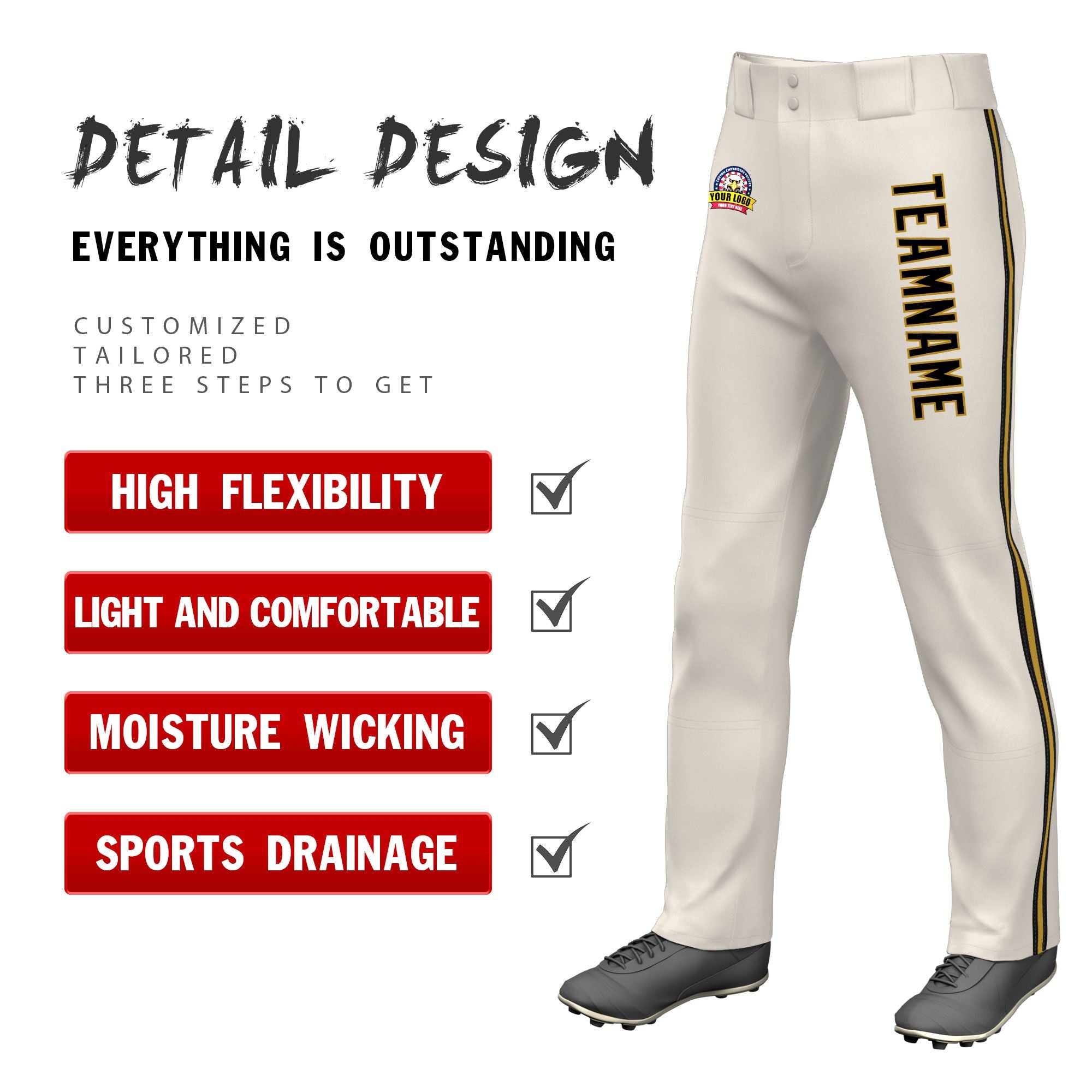 Custom Khaki Black Old Gold-Black Classic Fit Stretch Practice Loose-fit Baseball Pants