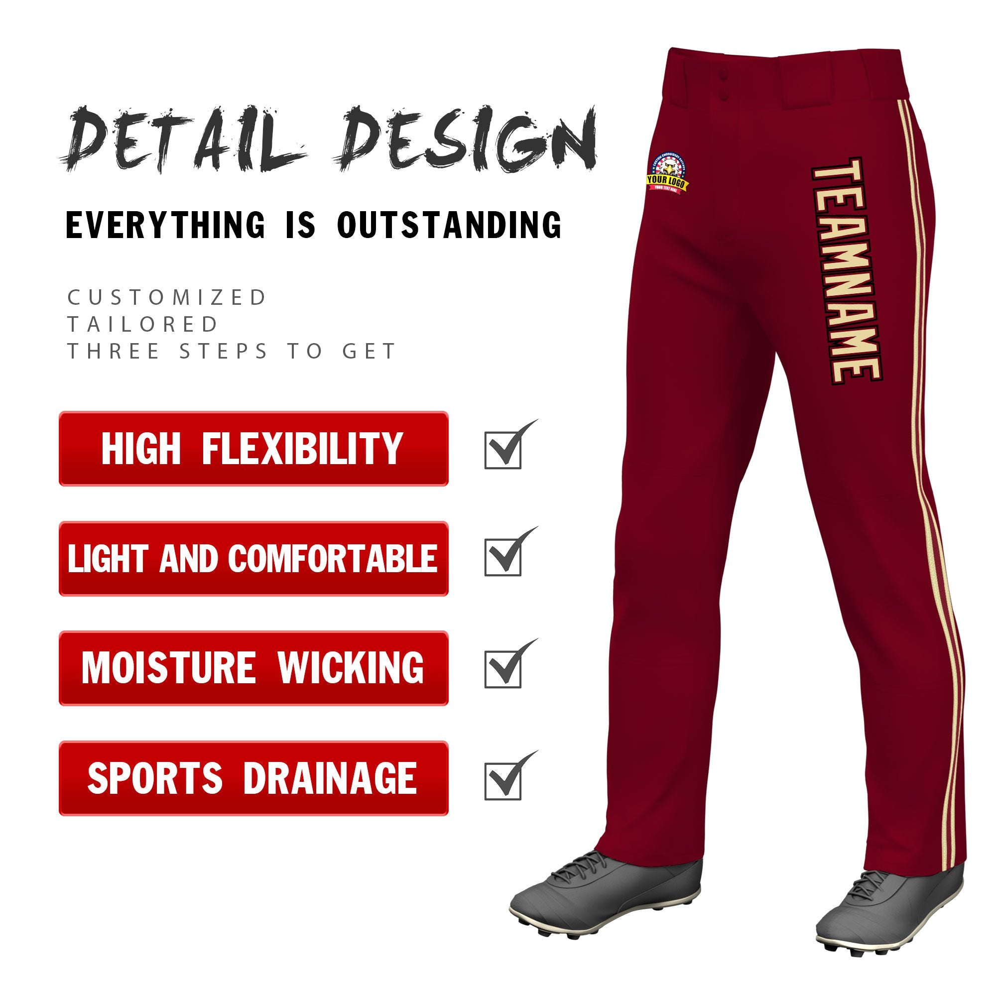 Custom Crimson Khaki Crimson-Khaki Classic Fit Stretch Practice Loose-fit Baseball Pants