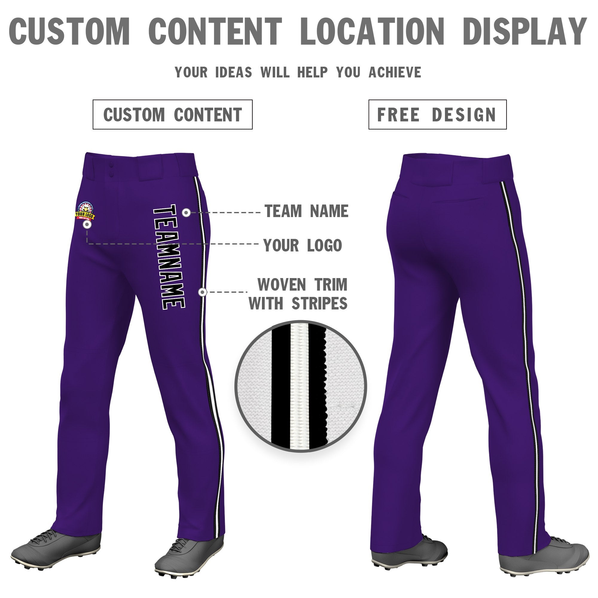 Custom Purple Black White-Black Classic Fit Stretch Practice Loose-fit Baseball Pants