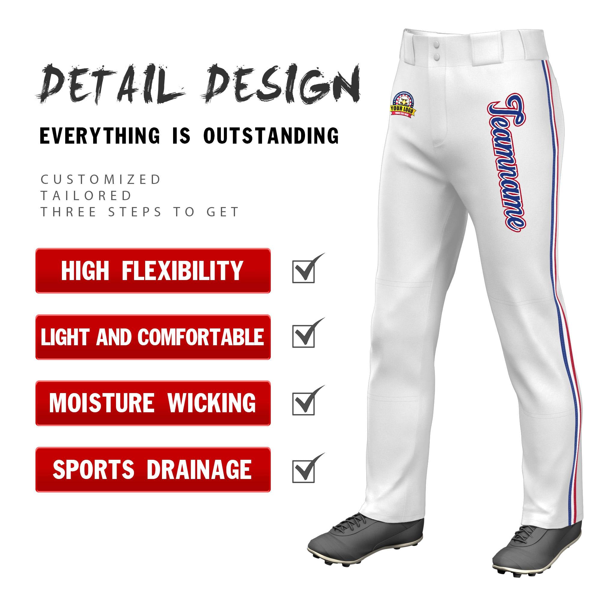 Custom White Royal Blue White-Red Classic Fit Stretch Practice Loose-fit Baseball Pants