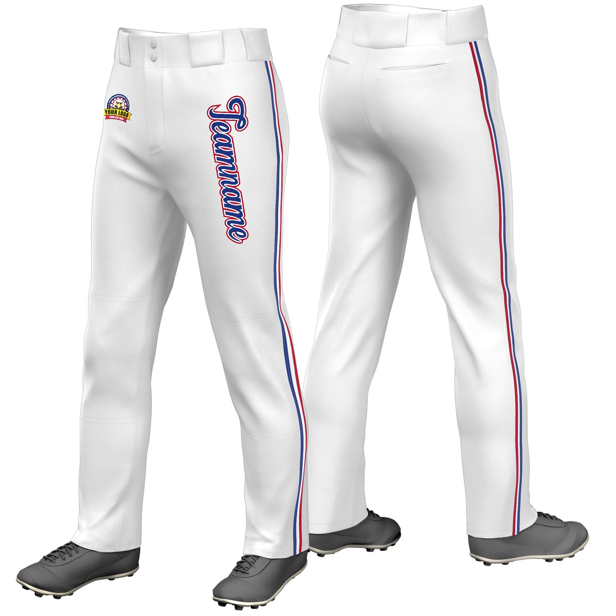 Custom White Royal Blue White-Red Classic Fit Stretch Practice Loose-fit Baseball Pants