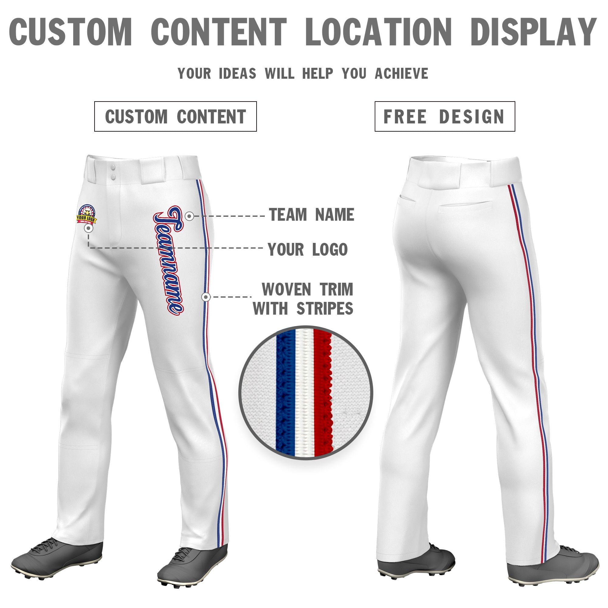 Custom White Royal Blue White-Red Classic Fit Stretch Practice Loose-fit Baseball Pants