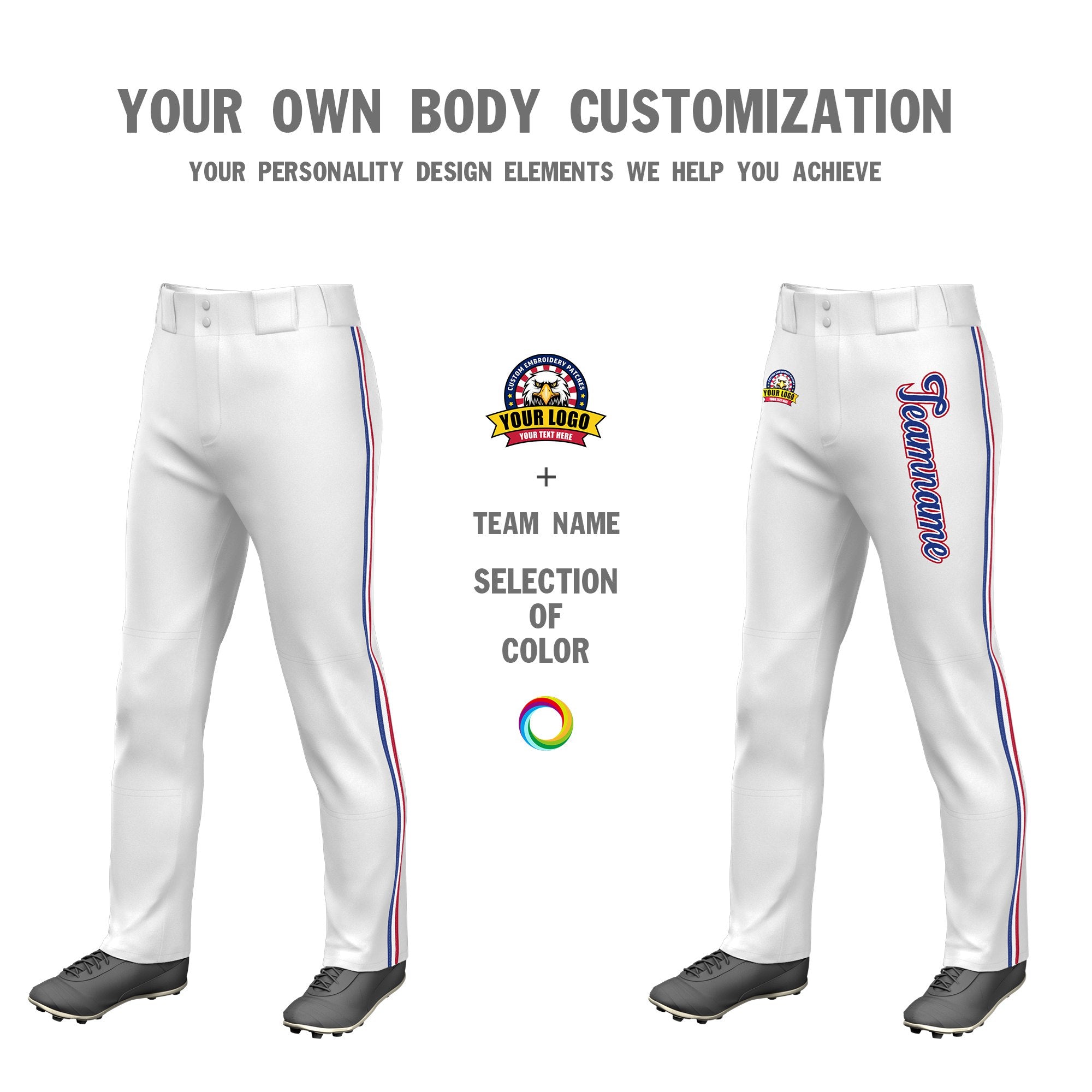 Custom White Royal Blue White-Red Classic Fit Stretch Practice Loose-fit Baseball Pants