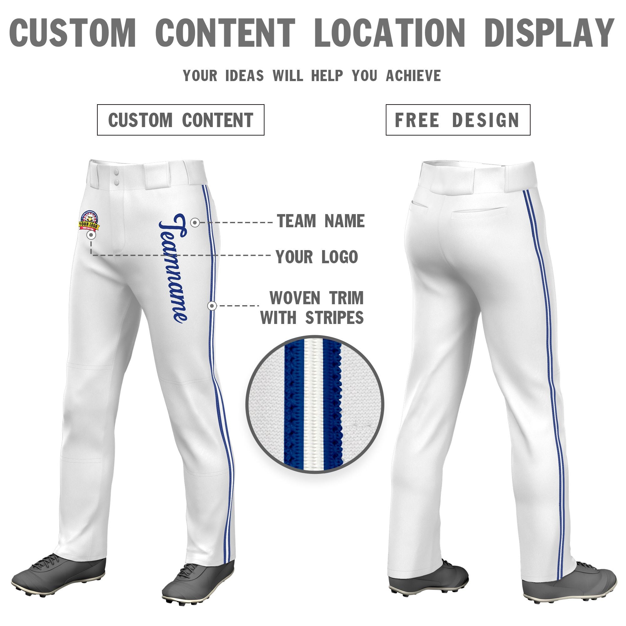 Custom White Royal Blue White-Royal Blue Classic Fit Stretch Practice Loose-fit Baseball Pants