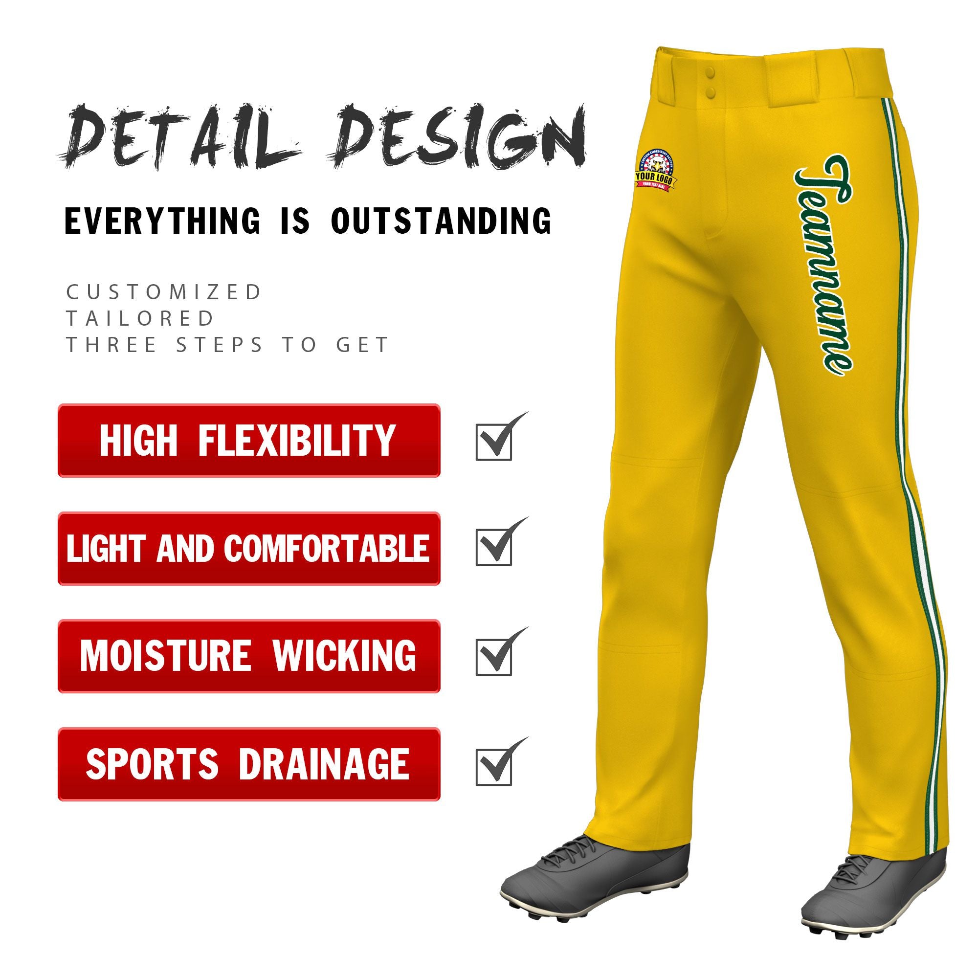 Custom Gold01 Green White-Green Classic Fit Stretch Practice Loose-fit Baseball Pants