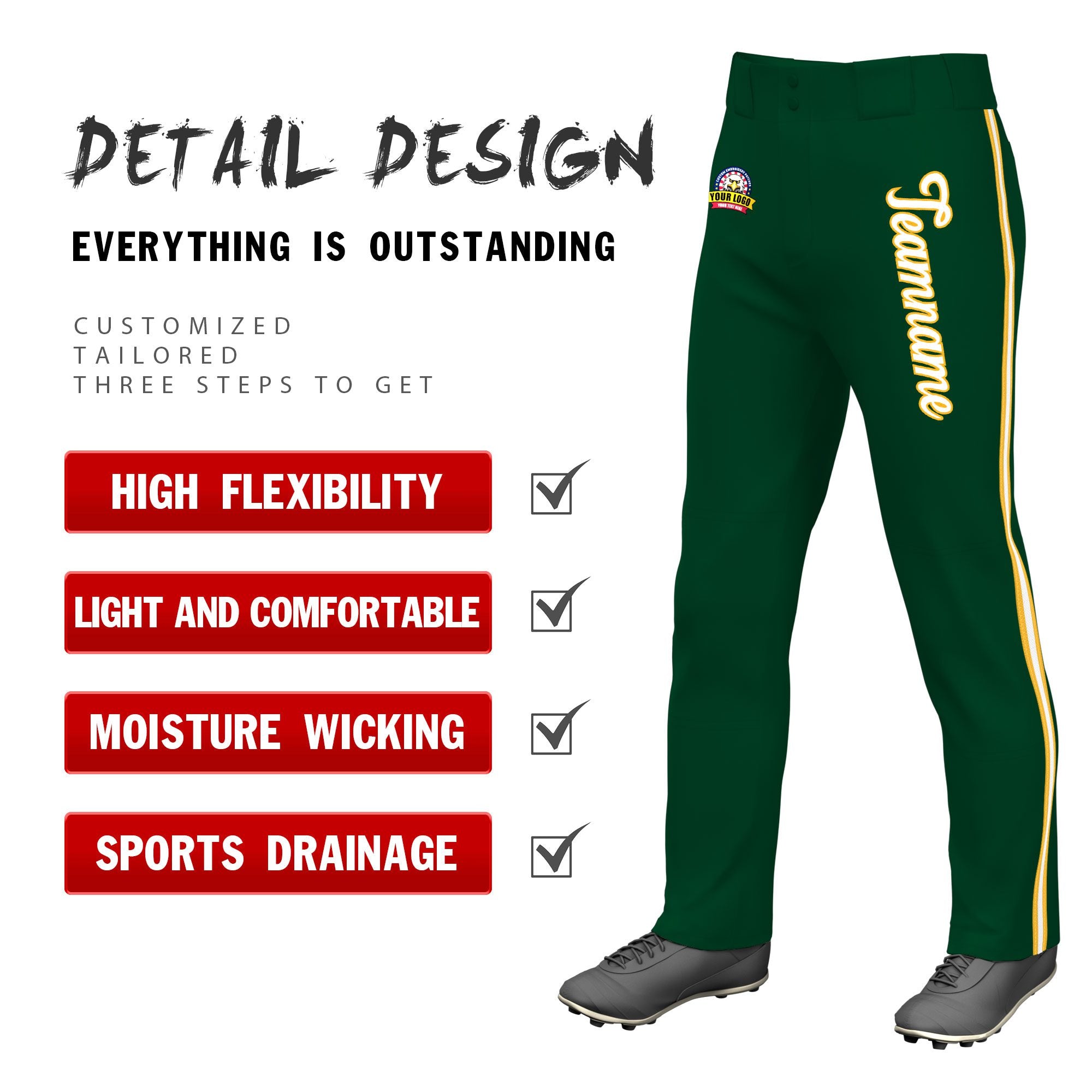 Custom Green Gold01 White-Gold01 Classic Fit Stretch Practice Loose-fit Baseball Pants