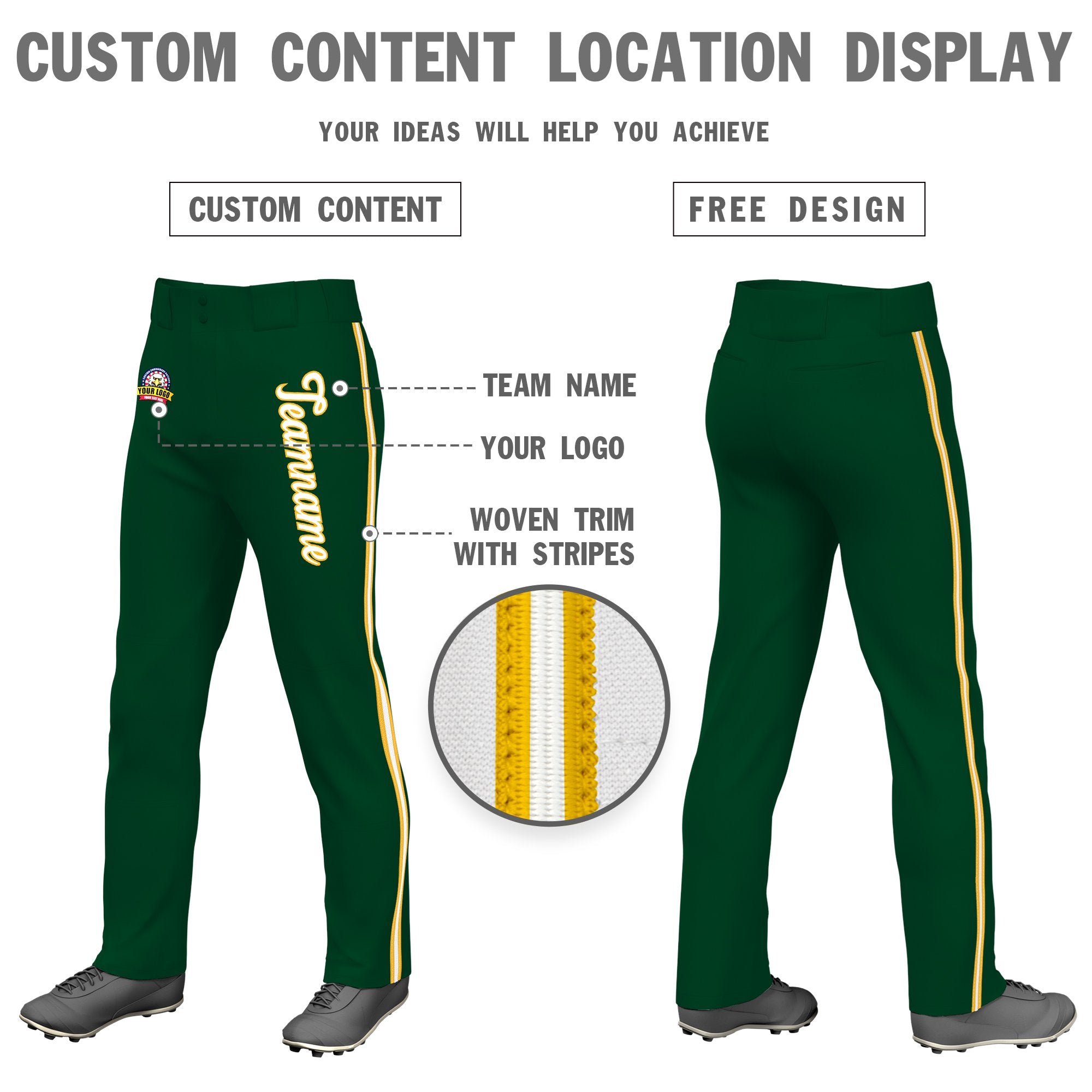 Custom Green Gold01 White-Gold01 Classic Fit Stretch Practice Loose-fit Baseball Pants