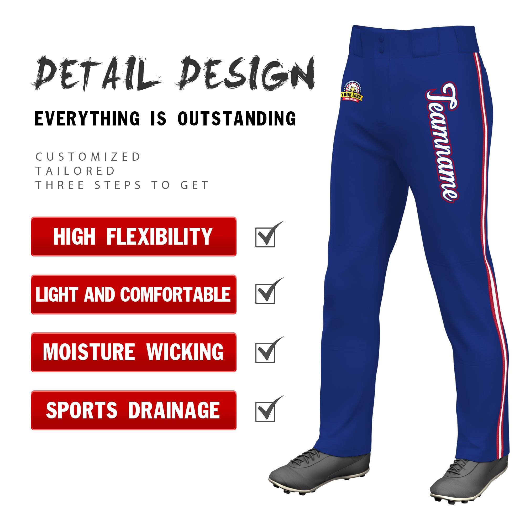 Custom Royal Blue Red White-Red Classic Fit Stretch Practice Loose-fit Baseball Pants